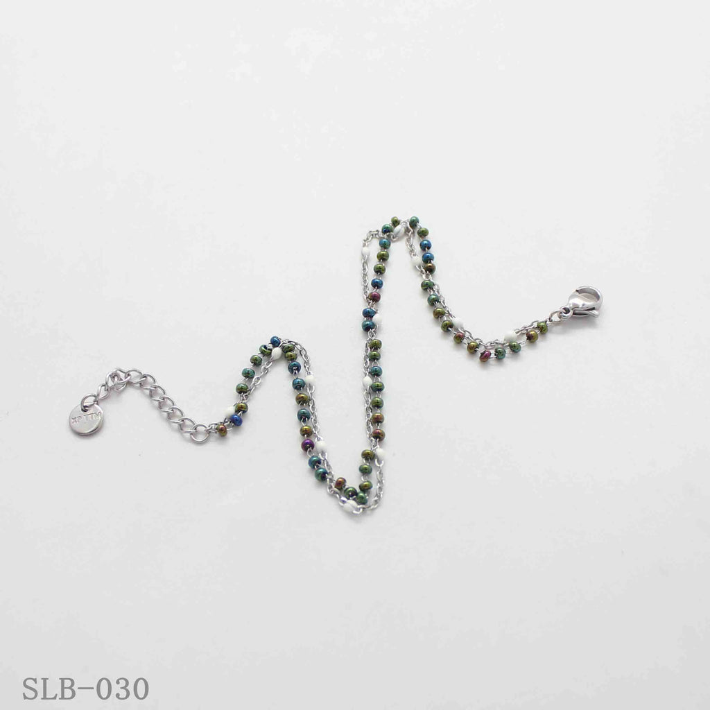 Scattered Iridescent Mini Bead Double Layer Bracelet | Solid Stainless Steel Vacuum Ion Silver Plated Lobster Clasp Adjustable Women Bohemian Stacking Wrist Chain Factory Wholesale