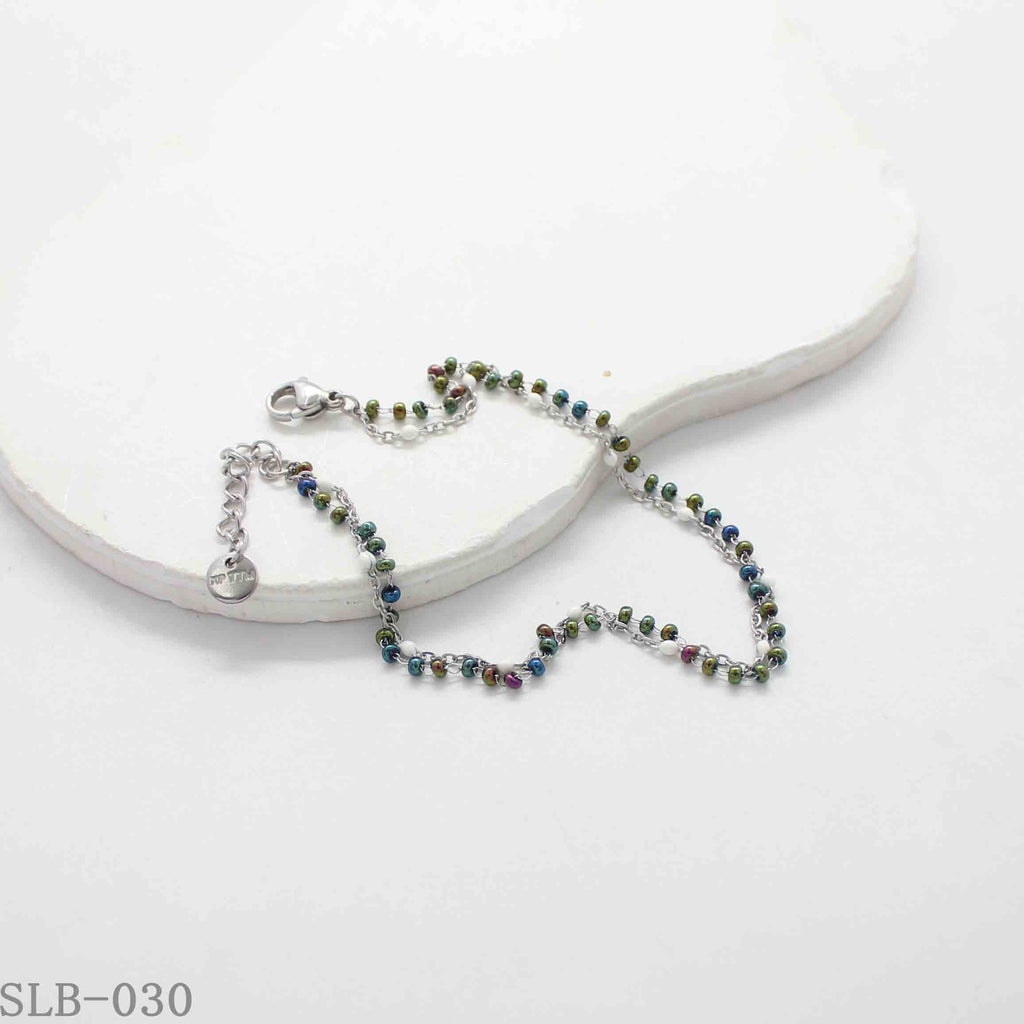 Scattered Iridescent Mini Bead Double Layer Bracelet | Solid Stainless Steel Vacuum Ion Silver Plated Lobster Clasp Adjustable Women Bohemian Stacking Wrist Chain Factory Wholesale