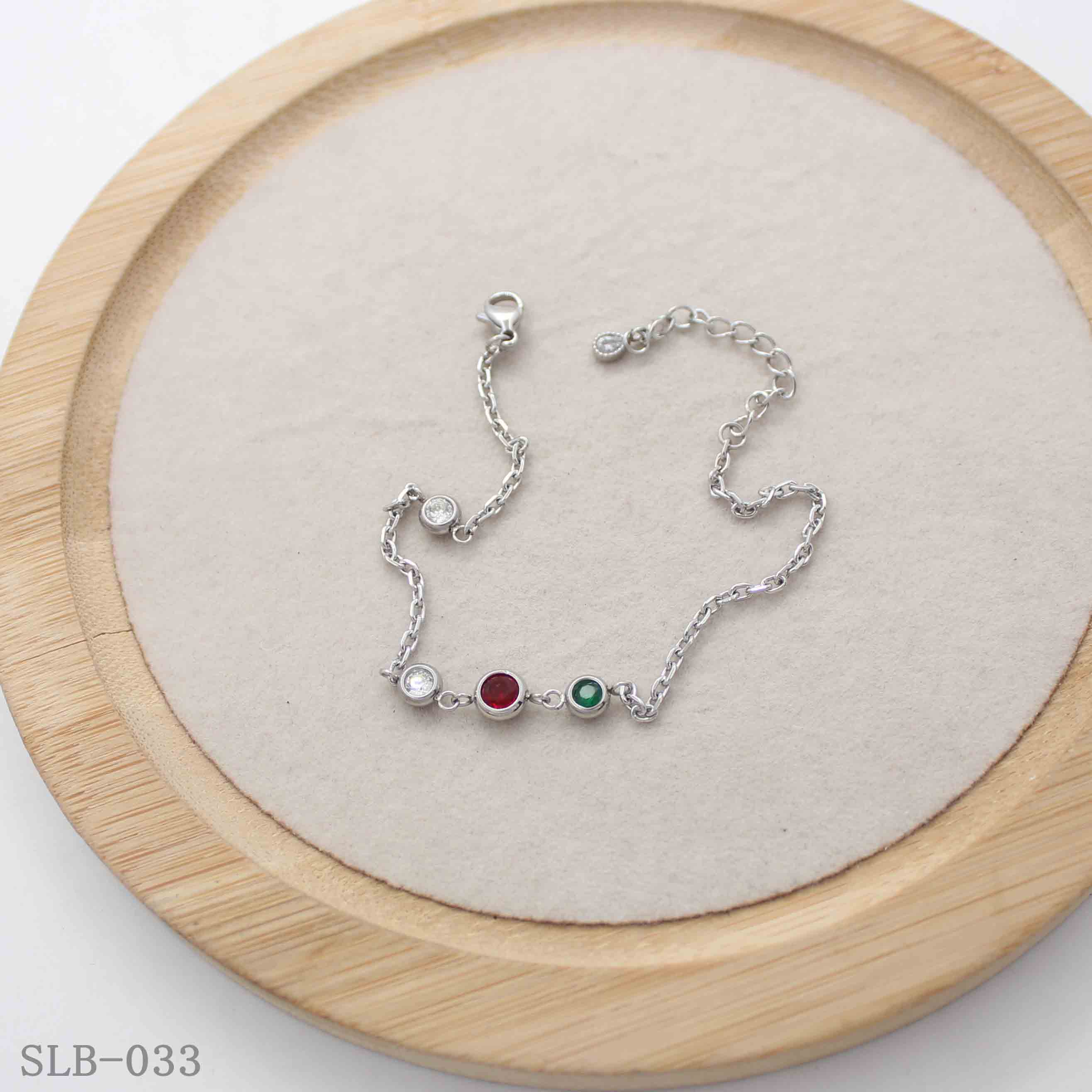 Mixed Tricolor Round Synthetic Gem Dainty Cable Bracelet | Solid Stainless Steel Vacuum Ion Silver Plated Lobster Clasp Adjustable Women Minimal Stack Wrist Chain Factory Wholesale