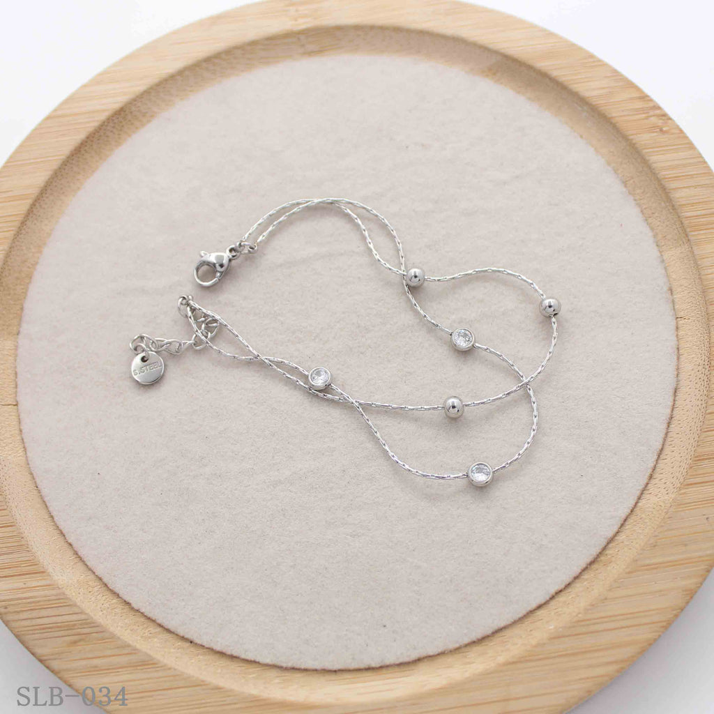 Spaced Metal Bead Glass Crystal Double Twist Bracelet | Solid Stainless Steel Vacuum Ion Silver Plated Lobster Clasp Adjustable Women Dainty Stacking Wrist Chain Factory Wholesale