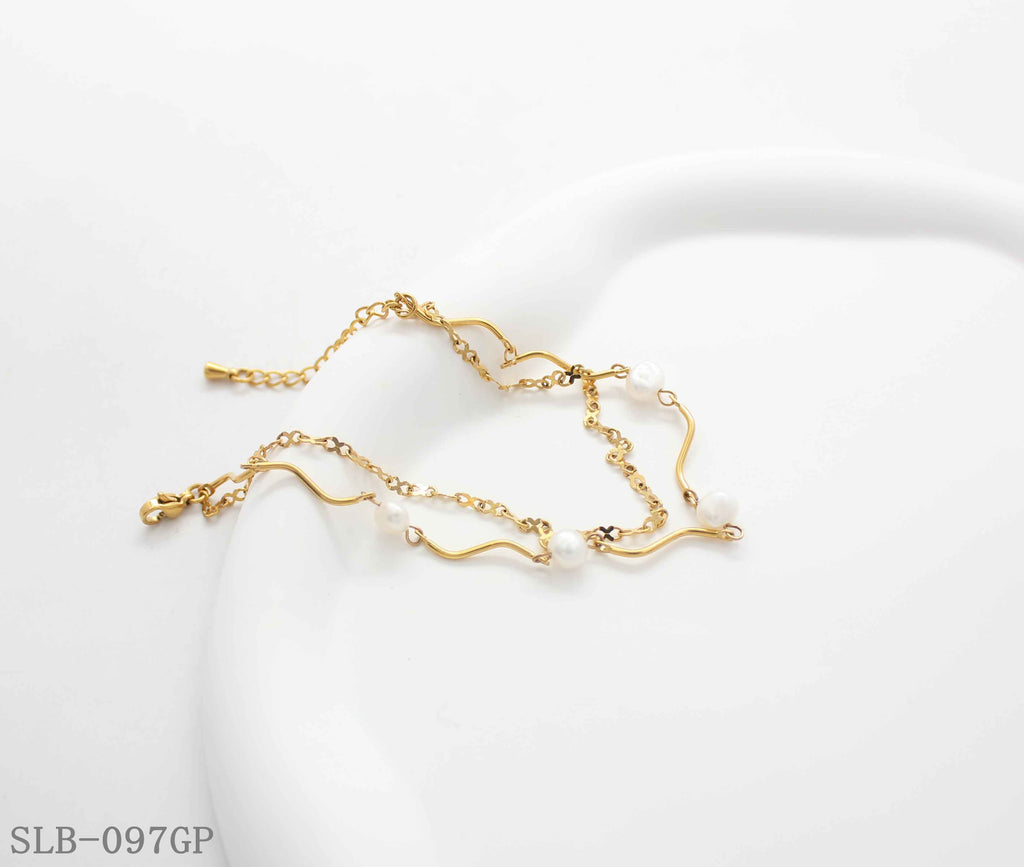Wavy Tube Cultured Pearl Dual Layer Bracelet | Solid Stainless Steel Vacuum Ion Gold Plated Lobster Clasp Adjustable Women Elegant Stacking Wrist Chain Factory Wholesale