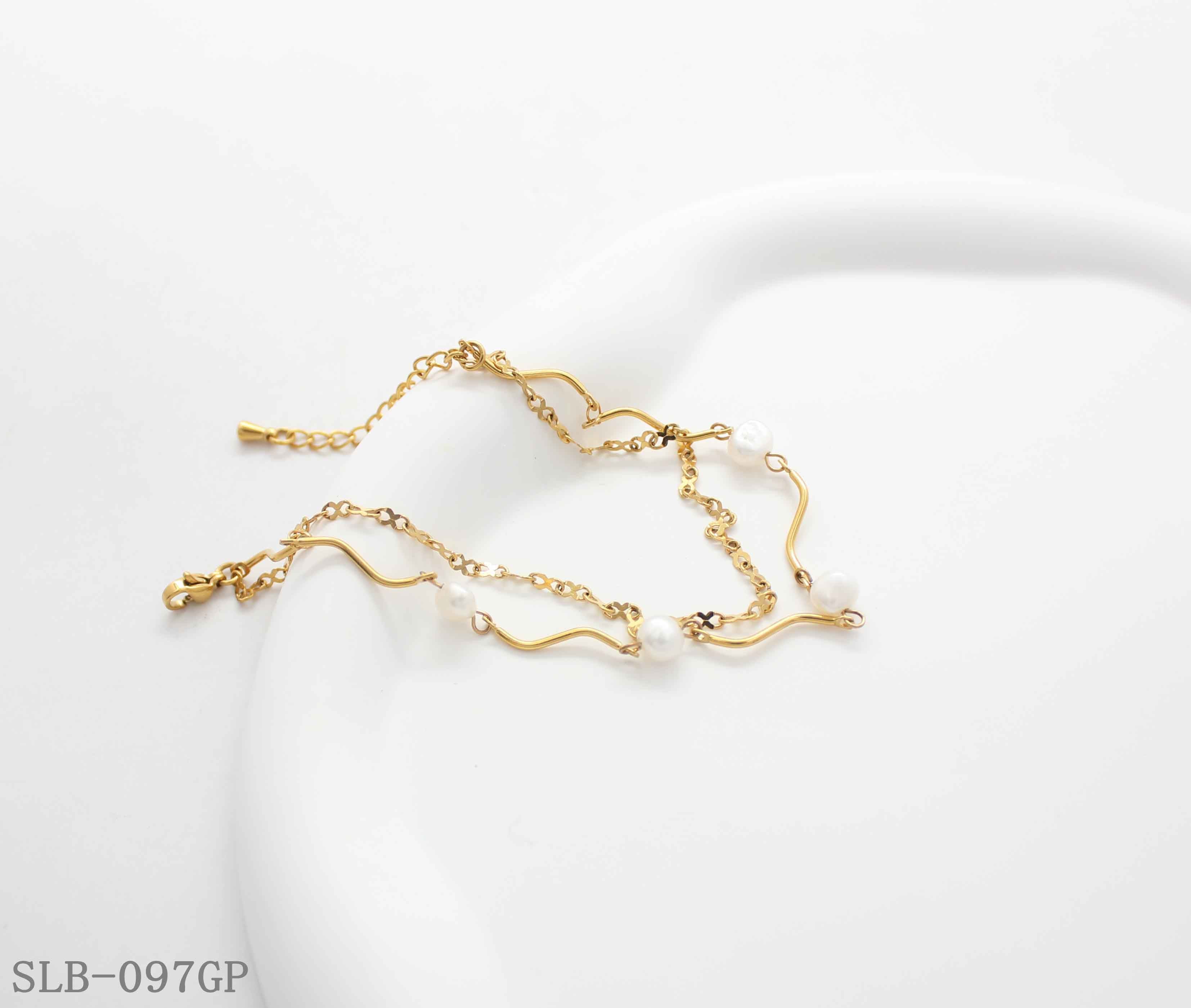 Wavy Tube Cultured Pearl Dual Layer Bracelet | Solid Stainless Steel Vacuum Ion Gold Plated Lobster Clasp Adjustable Women Elegant Stacking Wrist Chain Factory Wholesale