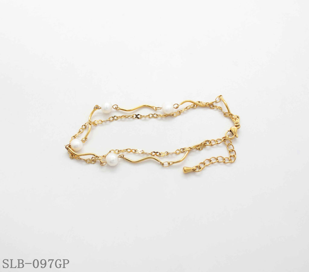 Wavy Tube Cultured Pearl Dual Layer Bracelet | Solid Stainless Steel Vacuum Ion Gold Plated Lobster Clasp Adjustable Women Elegant Stacking Wrist Chain Factory Wholesale