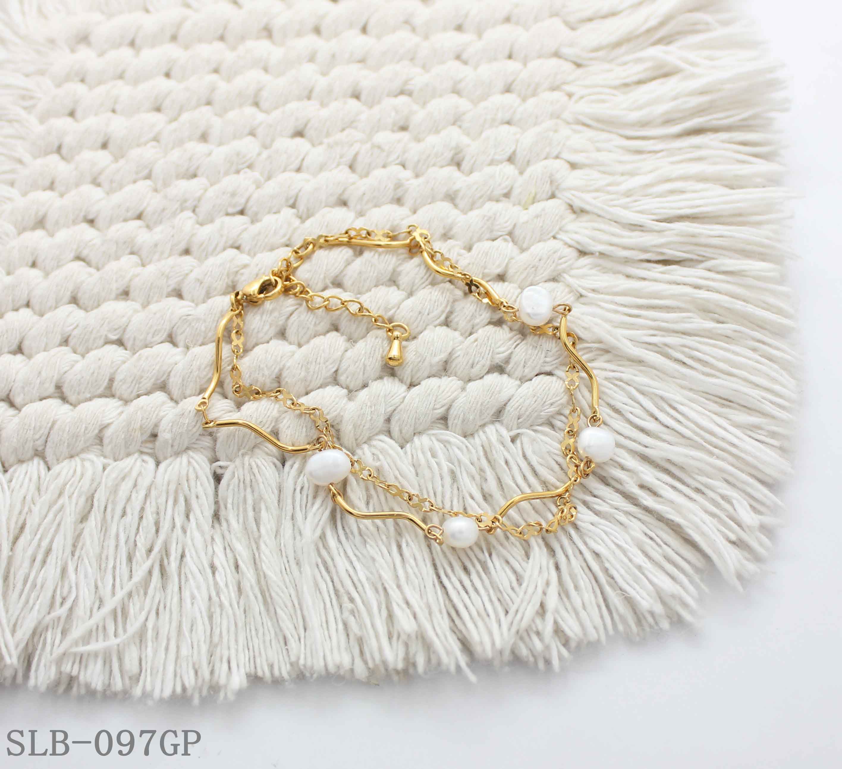 Wavy Tube Cultured Pearl Dual Layer Bracelet | Solid Stainless Steel Vacuum Ion Gold Plated Lobster Clasp Adjustable Women Elegant Stacking Wrist Chain Factory Wholesale