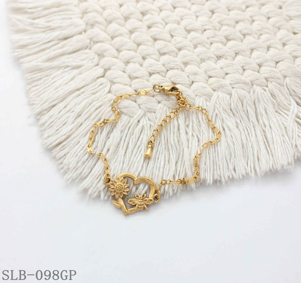 Open Heart Sunflower Bee Embossed Charm Bracelet | Solid Stainless Steel Vacuum Ion Gold Plated Lobster Clasp Adjustable Women Romantic Floral Stacking Wrist Chain Factory Wholesale