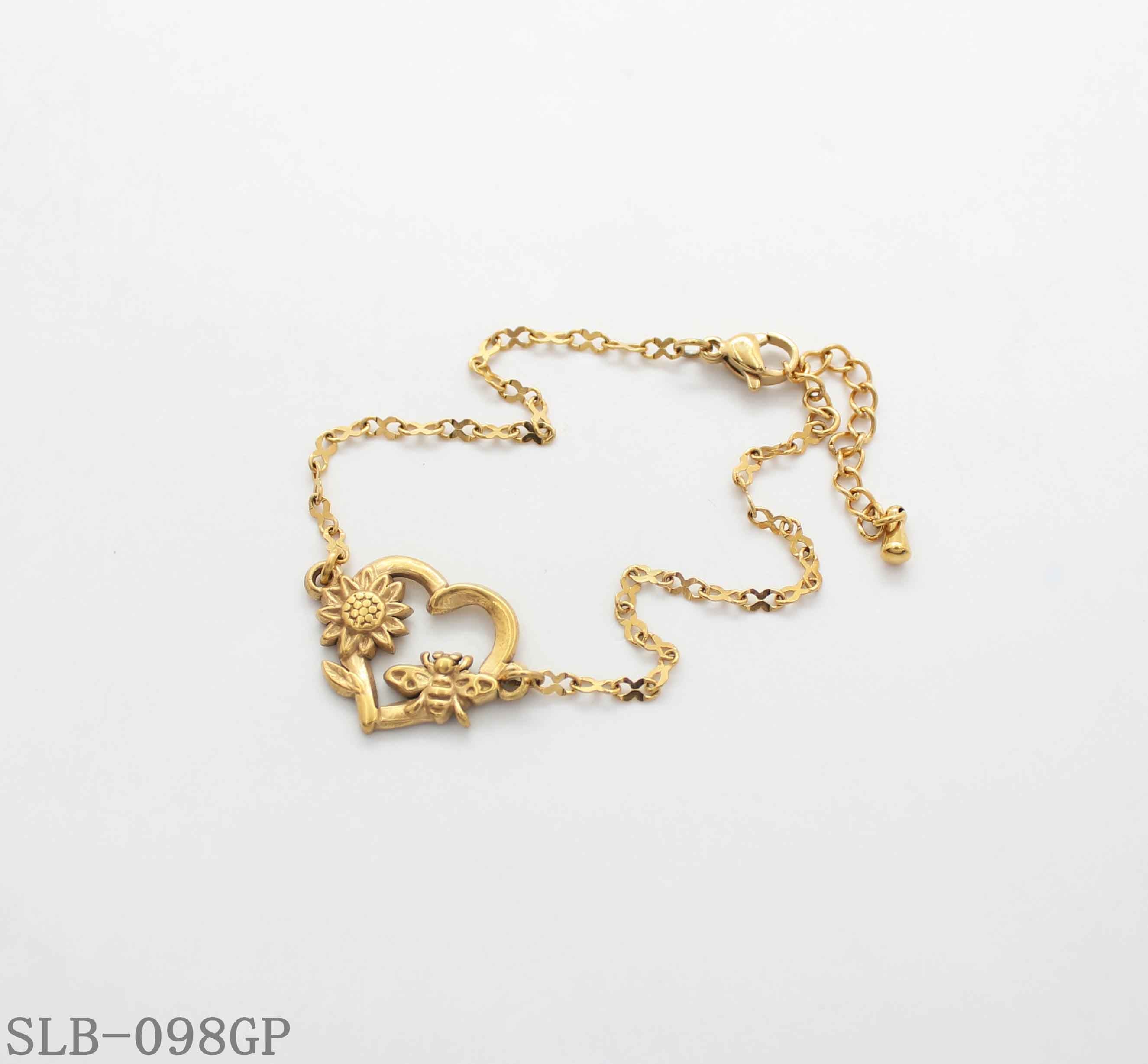 Open Heart Sunflower Bee Embossed Charm Bracelet | Solid Stainless Steel Vacuum Ion Gold Plated Lobster Clasp Adjustable Women Romantic Floral Stacking Wrist Chain Factory Wholesale