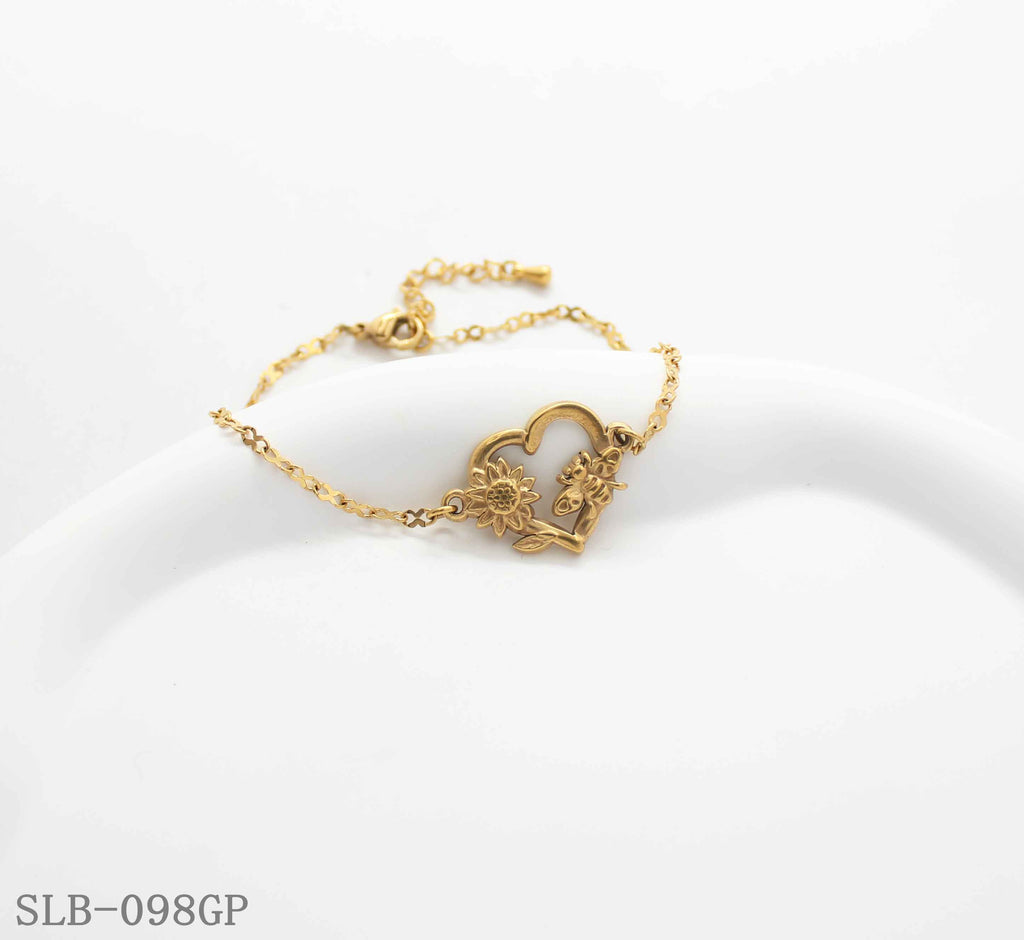 Open Heart Sunflower Bee Embossed Charm Bracelet | Solid Stainless Steel Vacuum Ion Gold Plated Lobster Clasp Adjustable Women Romantic Floral Stacking Wrist Chain Factory Wholesale