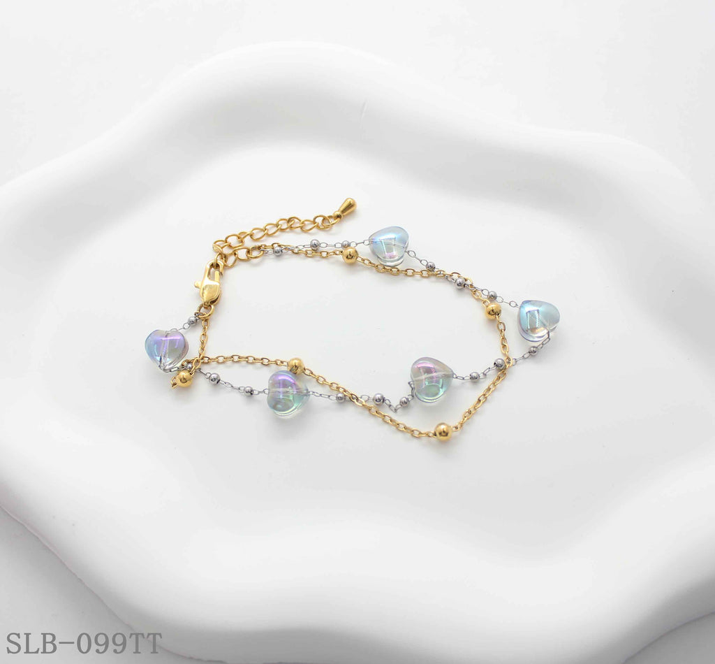 Two-Tone Dual Chain Iridescent Glass Heart Beaded Bracelet | Solid Stainless Steel Dual Vacuum Plated Lobster Clasp Adjustable Women Sweet Romantic Stacking Wrist Chain Factory Wholesale