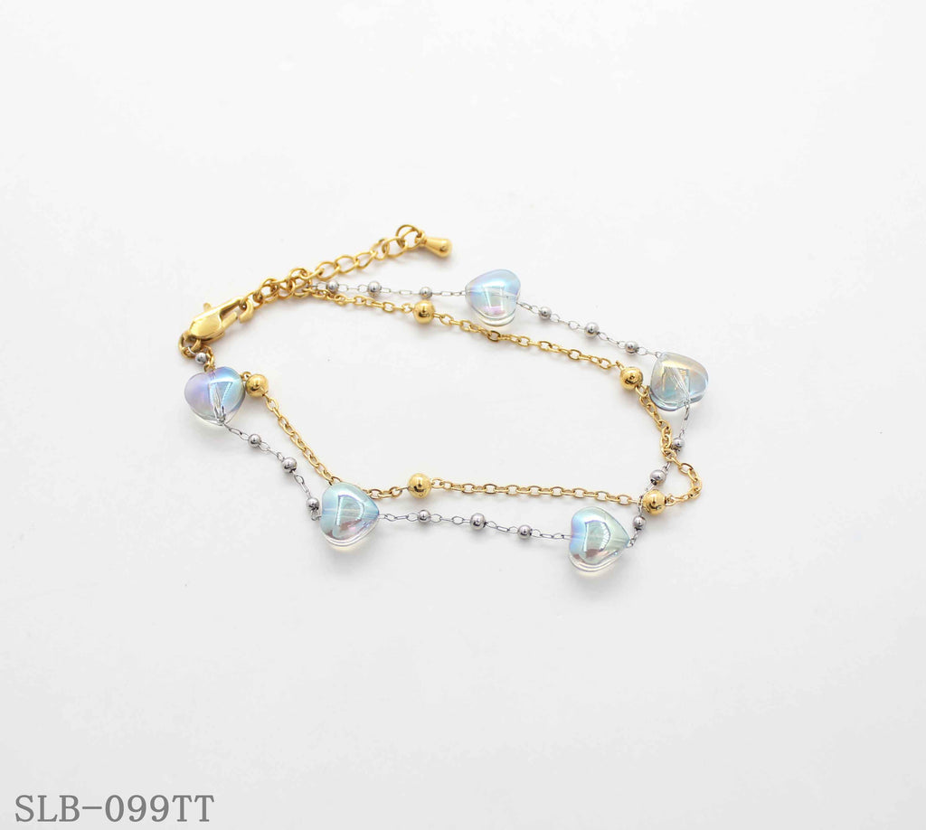 Two-Tone Dual Chain Iridescent Glass Heart Beaded Bracelet | Solid Stainless Steel Dual Vacuum Plated Lobster Clasp Adjustable Women Sweet Romantic Stacking Wrist Chain Factory Wholesale