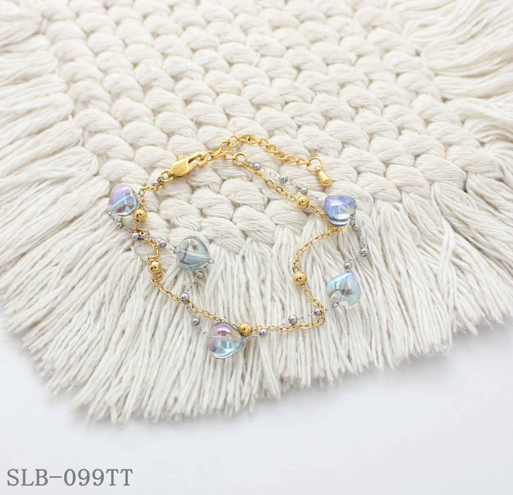 Two-Tone Dual Chain Iridescent Glass Heart Beaded Bracelet | Solid Stainless Steel Dual Vacuum Plated Lobster Clasp Adjustable Women Sweet Romantic Stacking Wrist Chain Factory Wholesale