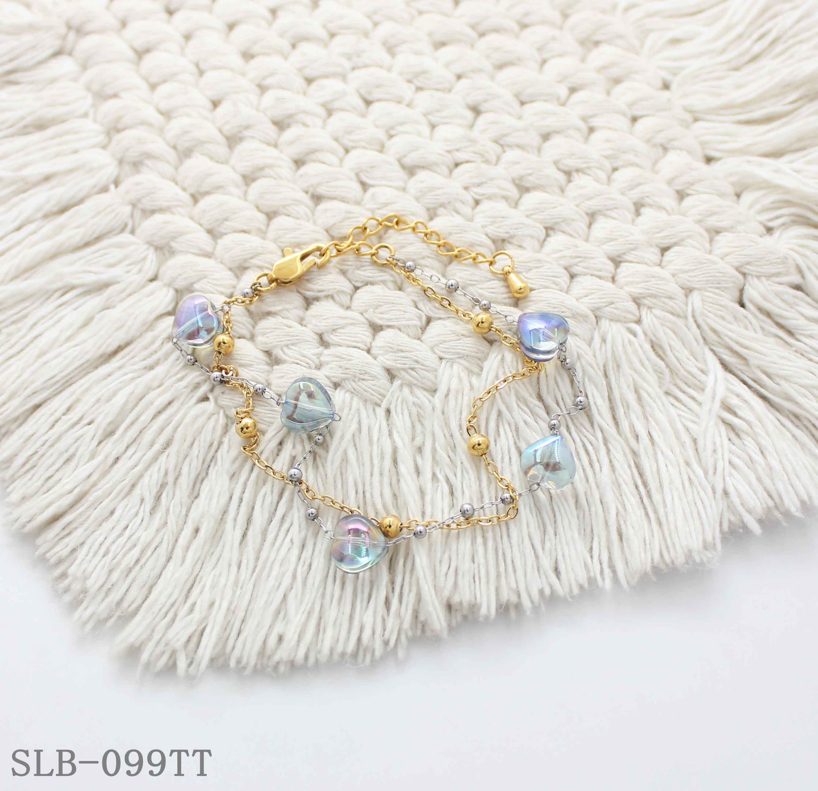 Two-Tone Dual Chain Iridescent Glass Heart Beaded Bracelet | Solid Stainless Steel Dual Vacuum Plated Lobster Clasp Adjustable Women Sweet Romantic Stacking Wrist Chain Factory Wholesale