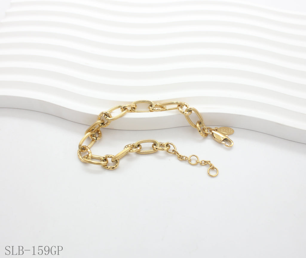 Textured Hammered Chunky Paperclip Link Bracelet | Solid Stainless Steel Vacuum Ion Gold Plated Lobster Clasp Adjustable Women Statement Stacking Wrist Chain Factory Wholesale