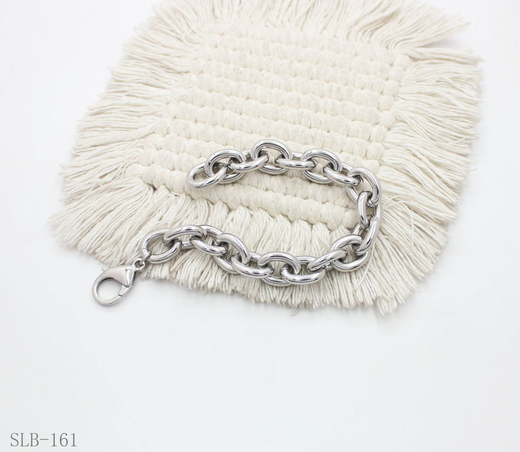 Solid Chunky Large Oval O Interlock Link Bracelet | Solid Stainless Steel Vacuum Ion Silver Plated Lobster Clasp Adjustable Unisex Heavy Statement Stacking Wrist Chain Factory Wholesale