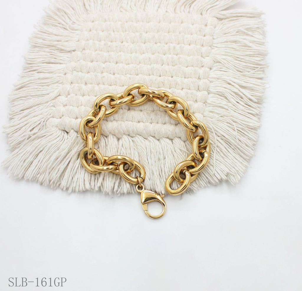 Solid Chunky Large Oval O Interlock Link Bracelet | Solid Stainless Steel Vacuum Ion Gold Plated Lobster Clasp Adjustable Unisex Heavy Statement Stacking Wrist Chain Factory Wholesale
