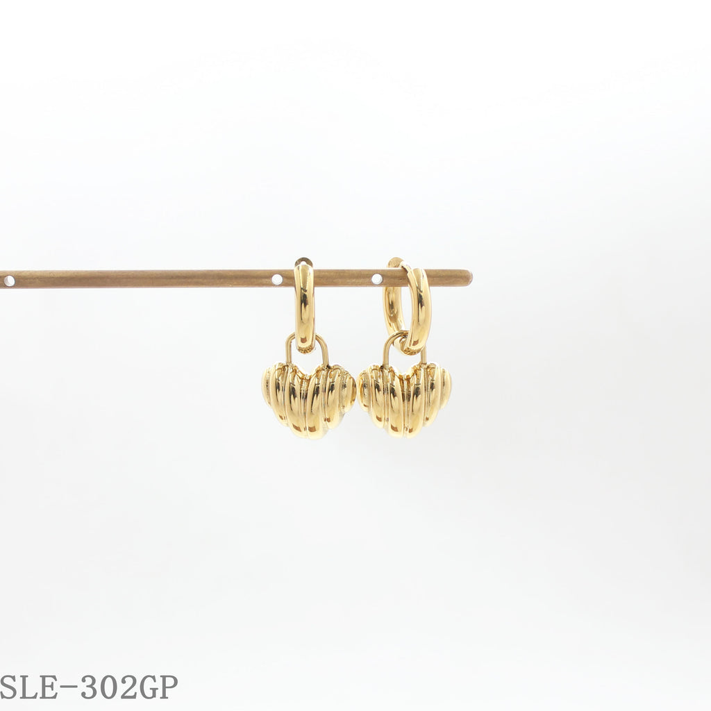 Gold Plated Stainless Steel Ribbed Heart Drop Hoop Earrings Wholesale | OEM ODM Jewelry Factory Direct