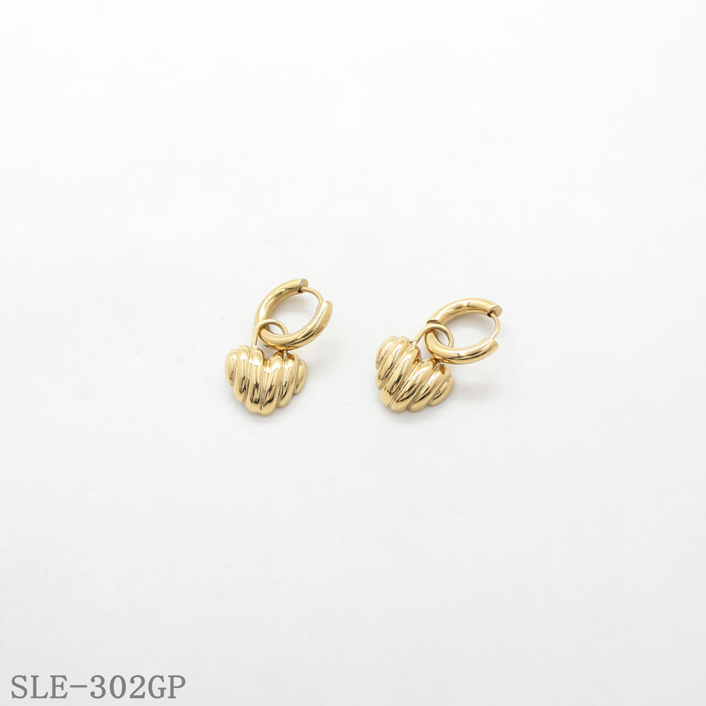 Gold Plated Stainless Steel Ribbed Heart Drop Hoop Earrings Wholesale | OEM ODM Jewelry Factory Direct