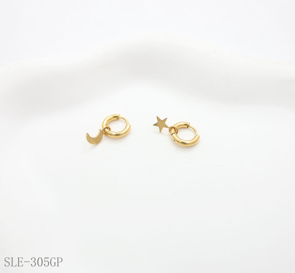 Asymmetric Star & Moon Drop Hoop Earrings - Stainless Steel with Vacuum Gold Plating | Factory Direct Wholesale