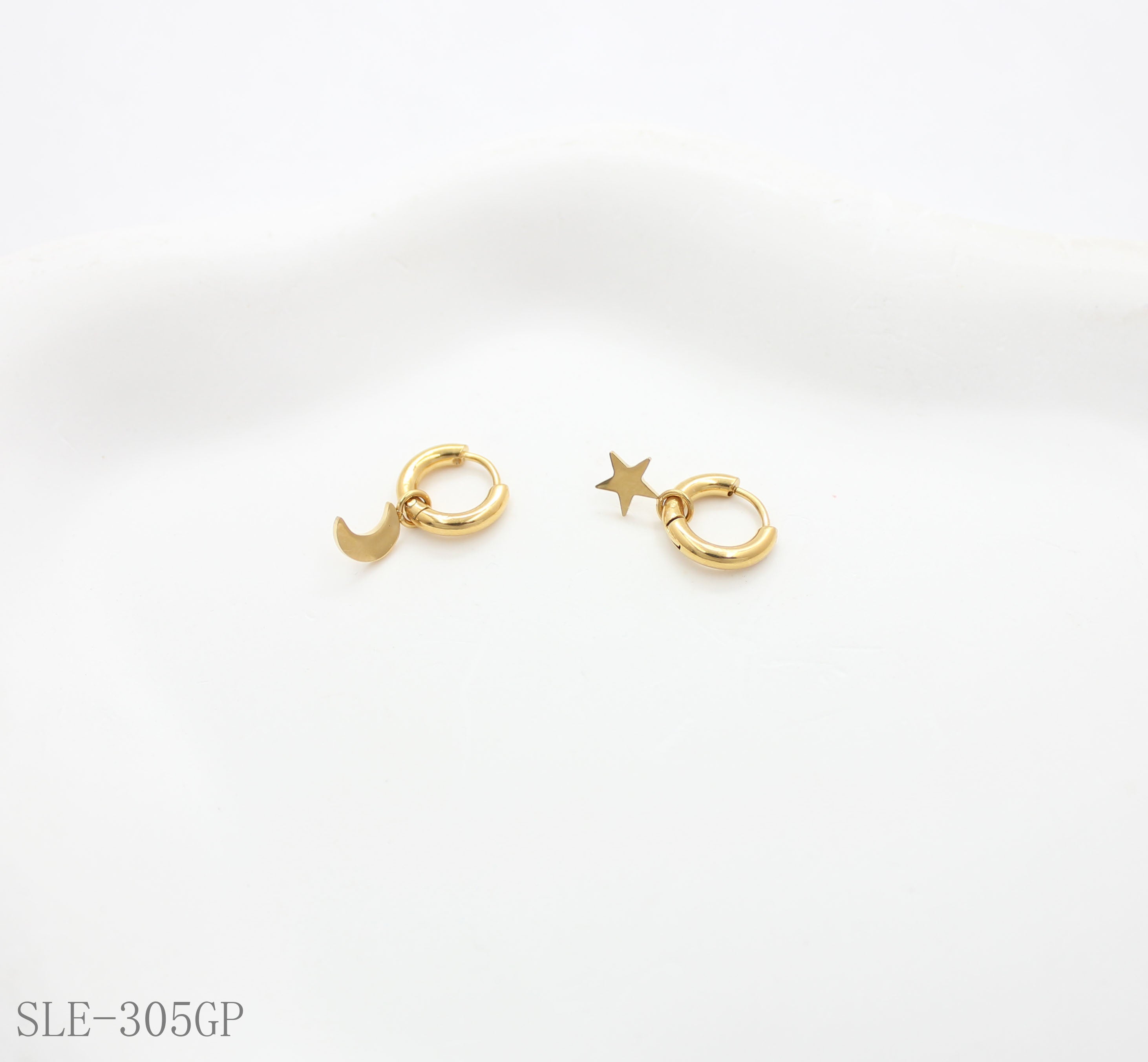 Asymmetric Star & Moon Drop Hoop Earrings - Stainless Steel with Vacuum Gold Plating | Factory Direct Wholesale