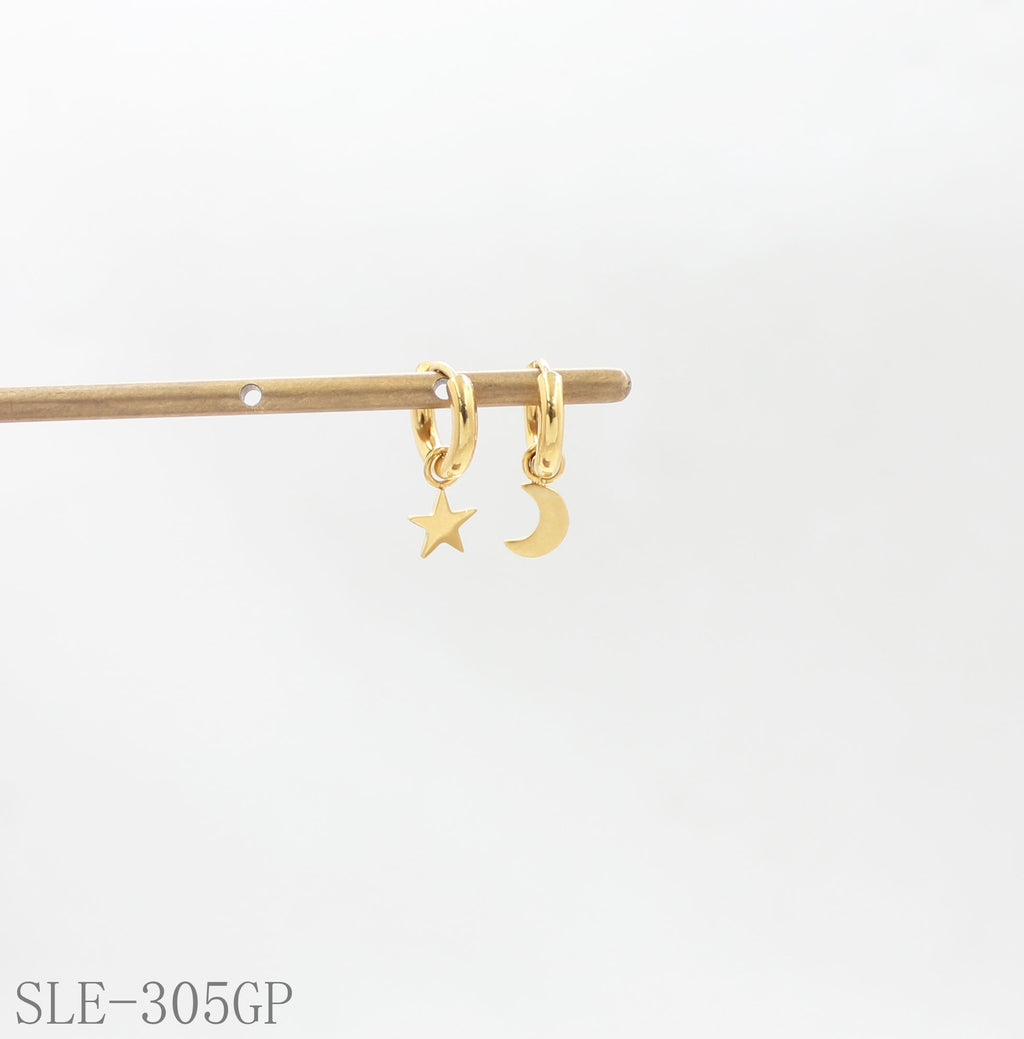 Asymmetric Star & Moon Drop Hoop Earrings - Stainless Steel with Vacuum Gold Plating | Factory Direct Wholesale