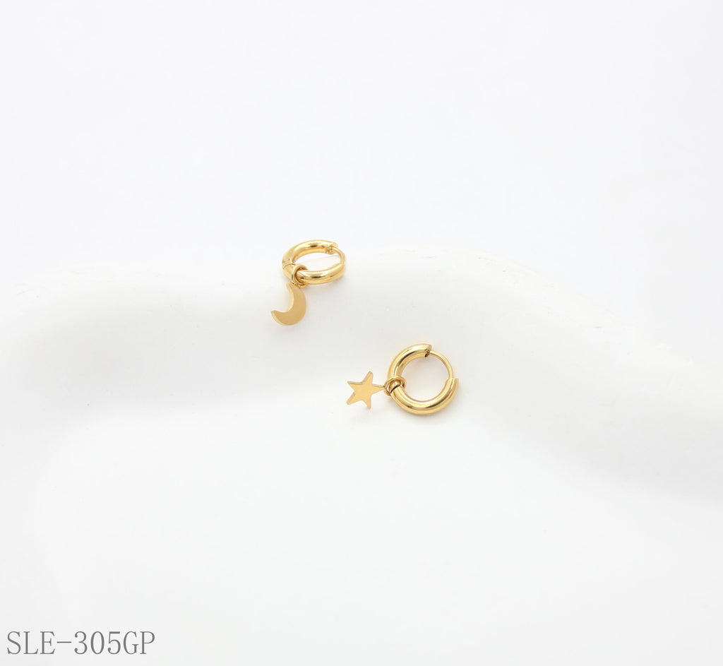 Asymmetric Star & Moon Drop Hoop Earrings - Stainless Steel with Vacuum Gold Plating | Factory Direct Wholesale