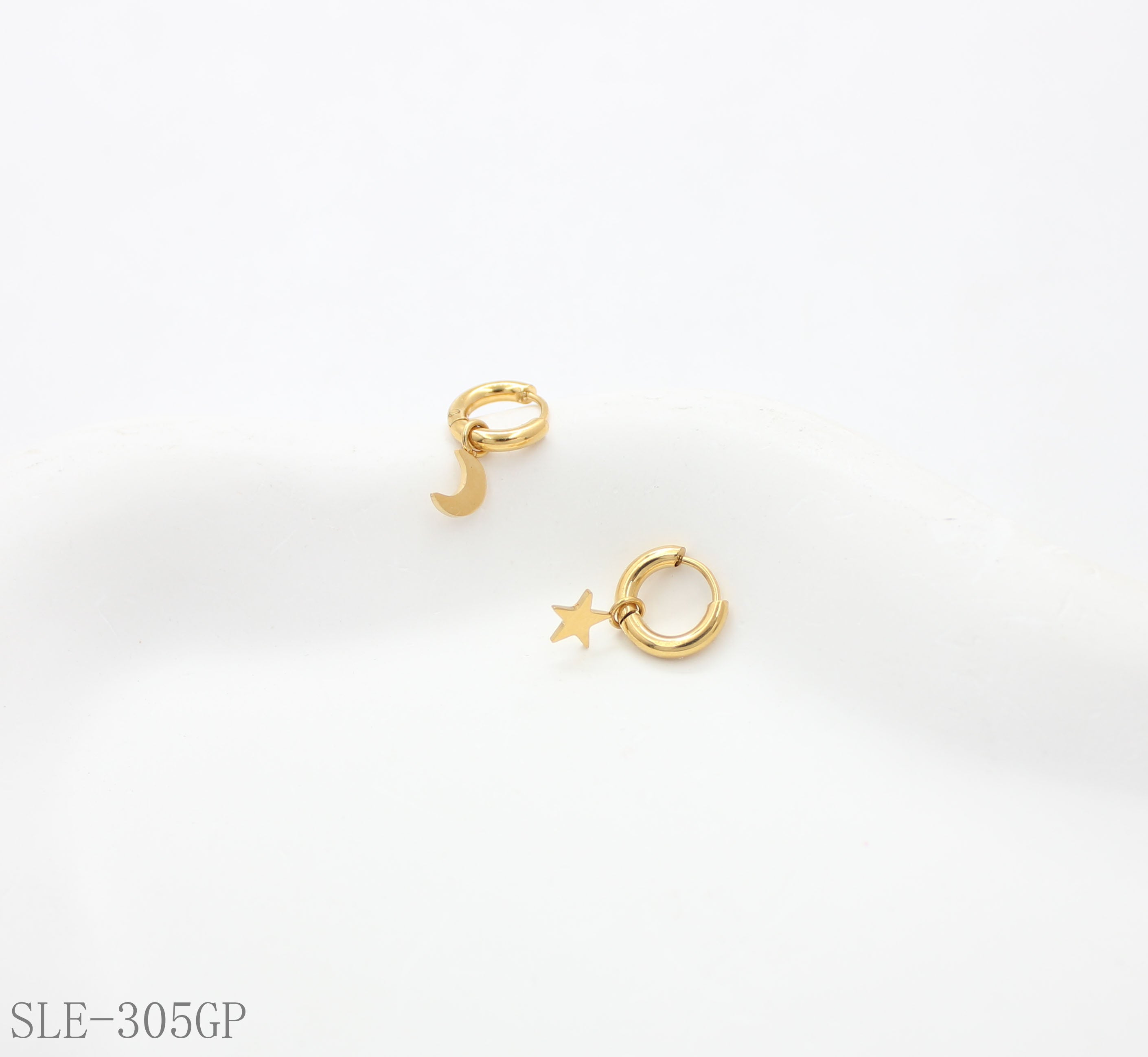 Asymmetric Star & Moon Drop Hoop Earrings - Stainless Steel with Vacuum Gold Plating | Factory Direct Wholesale