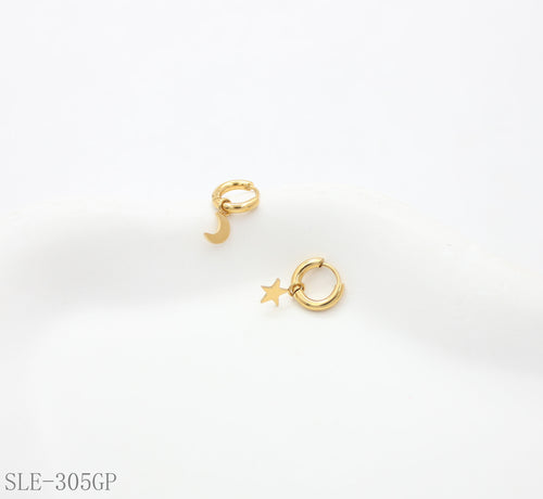 Asymmetric Star & Moon Drop Hoop Earrings - Stainless Steel with Vacuum Gold Plating | Factory Direct Wholesale
