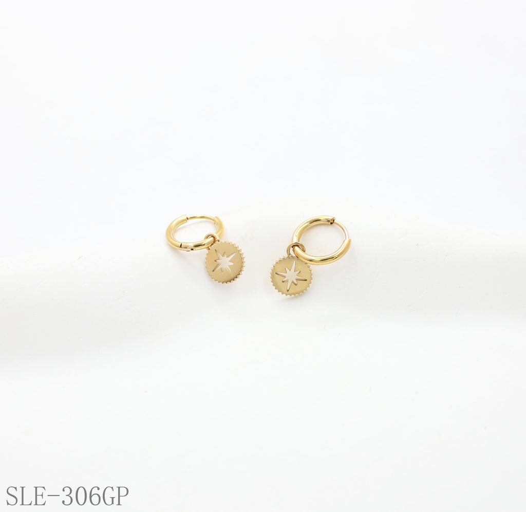 North Star Cut-out Disc Drop Hoop Earrings - Stainless Steel with Vacuum Gold Plating | Factory Direct Wholesale