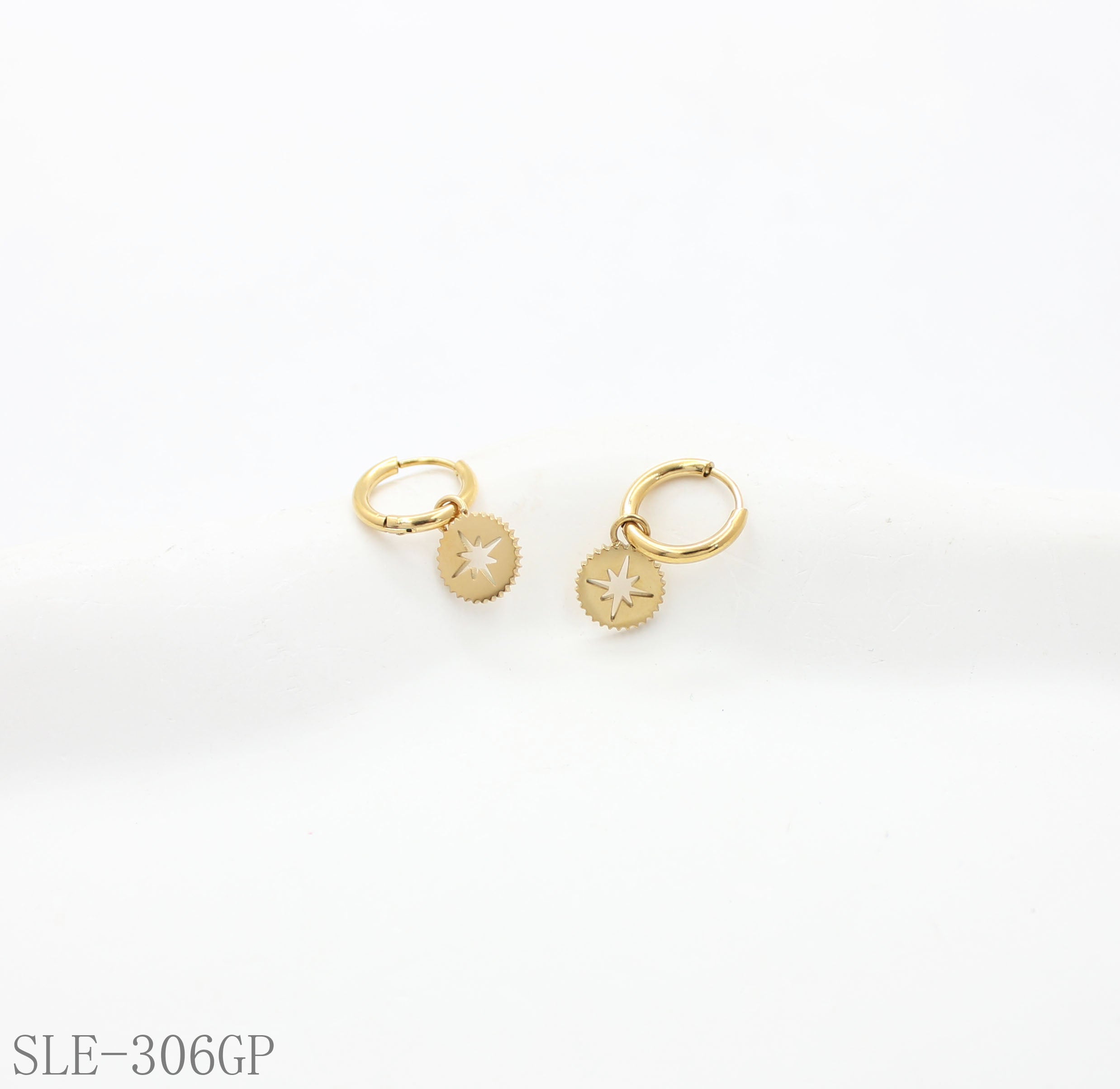North Star Cut-out Disc Drop Hoop Earrings - Stainless Steel with Vacuum Gold Plating | Factory Direct Wholesale
