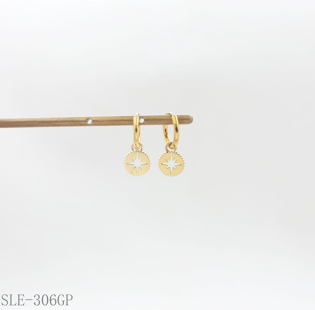 North Star Cut-out Disc Drop Hoop Earrings - Stainless Steel with Vacuum Gold Plating | Factory Direct Wholesale