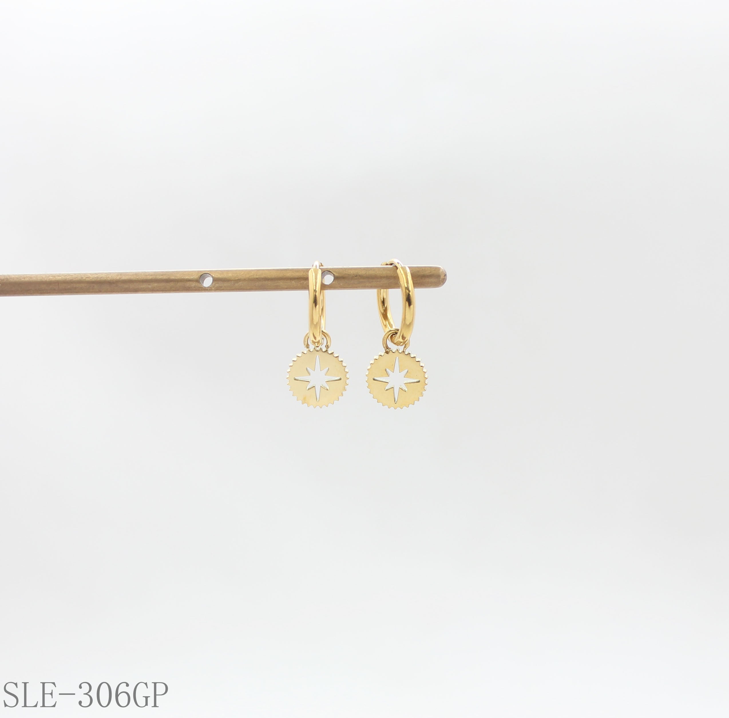 North Star Cut-out Disc Drop Hoop Earrings - Stainless Steel with Vacuum Gold Plating | Factory Direct Wholesale