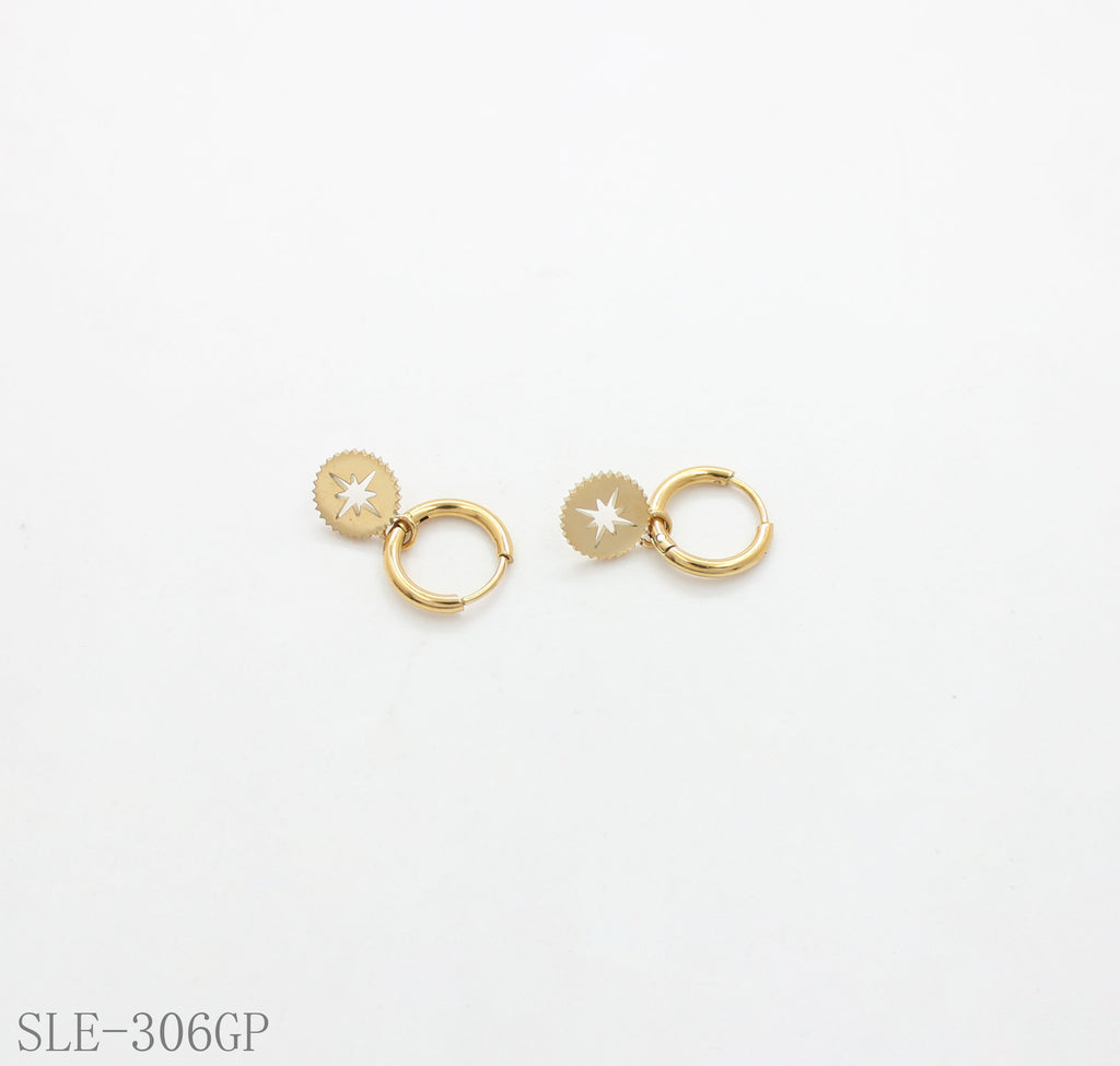 North Star Cut-out Disc Drop Hoop Earrings - Stainless Steel with Vacuum Gold Plating | Factory Direct Wholesale