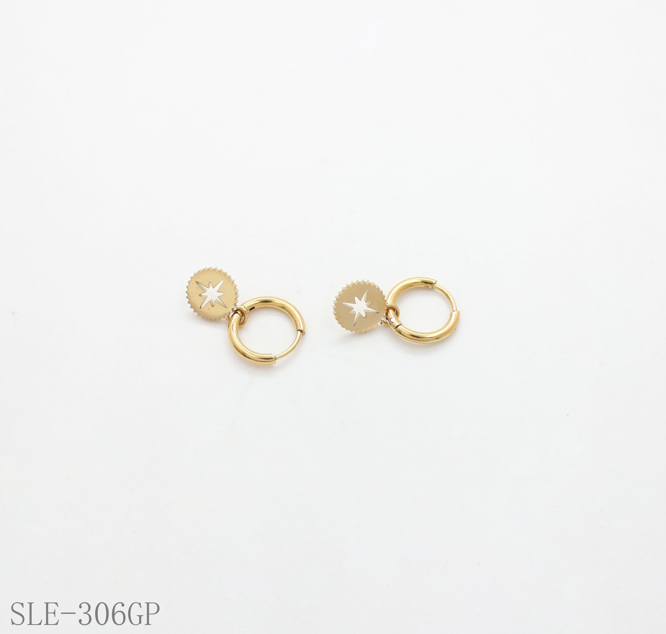 North Star Cut-out Disc Drop Hoop Earrings - Stainless Steel with Vacuum Gold Plating | Factory Direct Wholesale