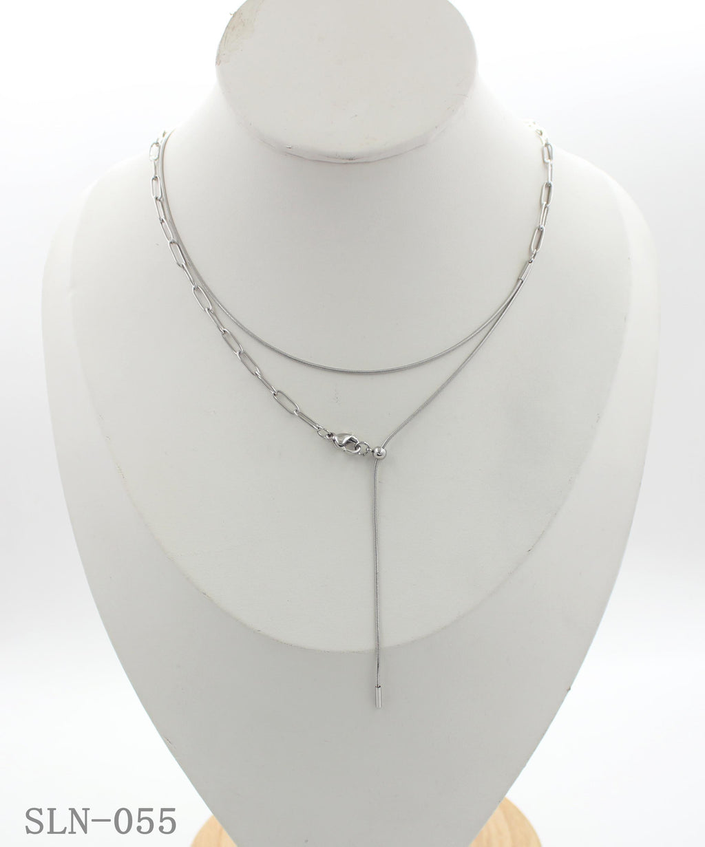Silver‑Tone Paperclip & Snake Dual‑Chain Adjustable Stacking Stainless Steel Necklace | Factory Direct Wholesale