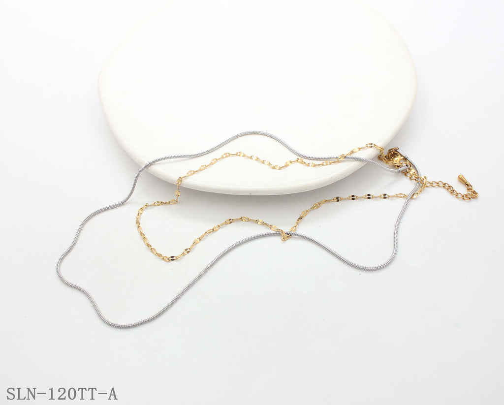 Two‑Tone Pre‑Stacked Glossy Oval Link & Fine Snake Chain Stainless Steel Dual‑Layer Everyday Necklace | Factory Direct Wholesale