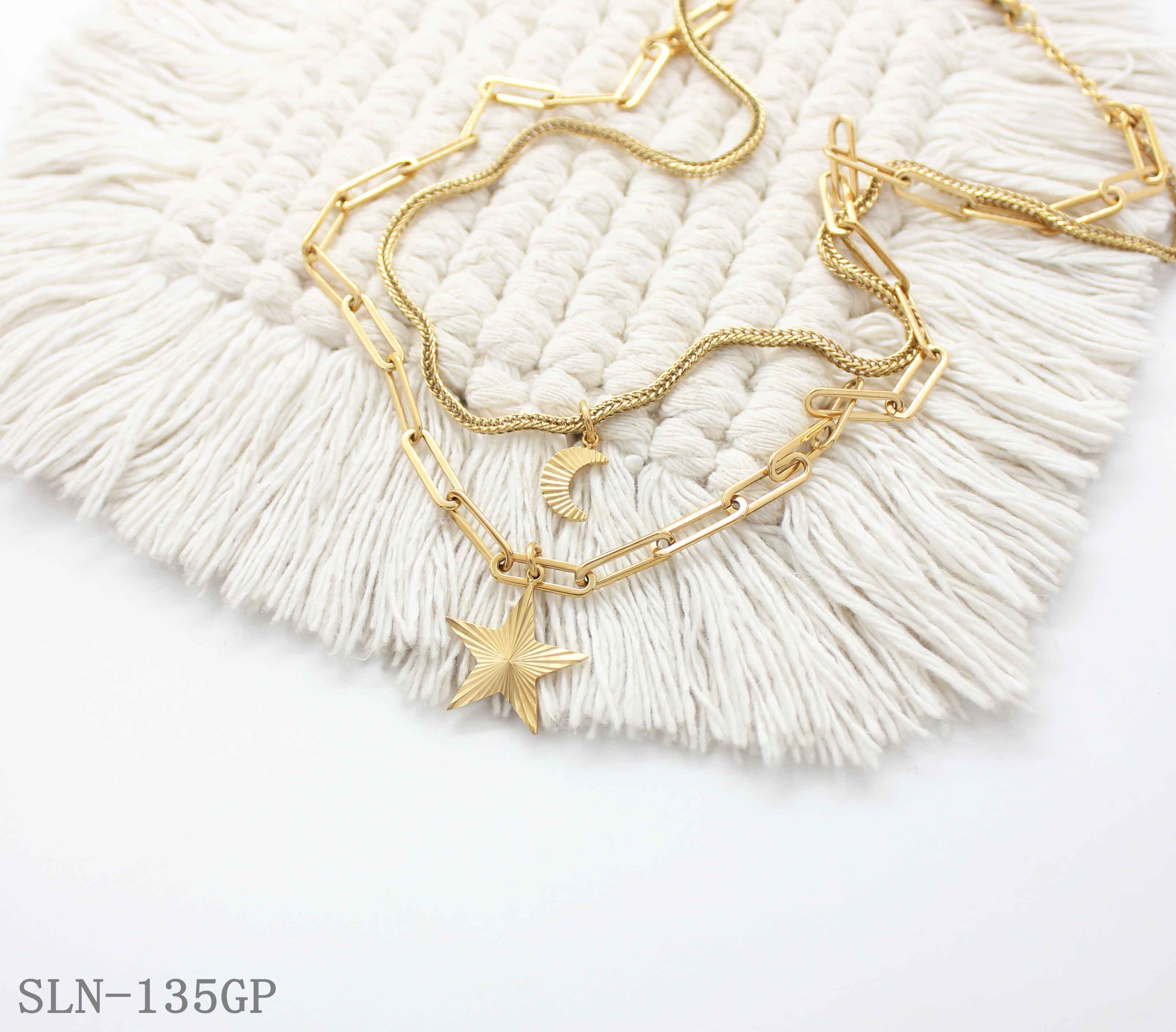 Pre‑Stacked Dual‑Layer Wheat‑Snake & Paperclip Chain Sun‑Ray Star & Crescent Moon Pendant Stainless Steel Necklace | Factory Direct Wholesale