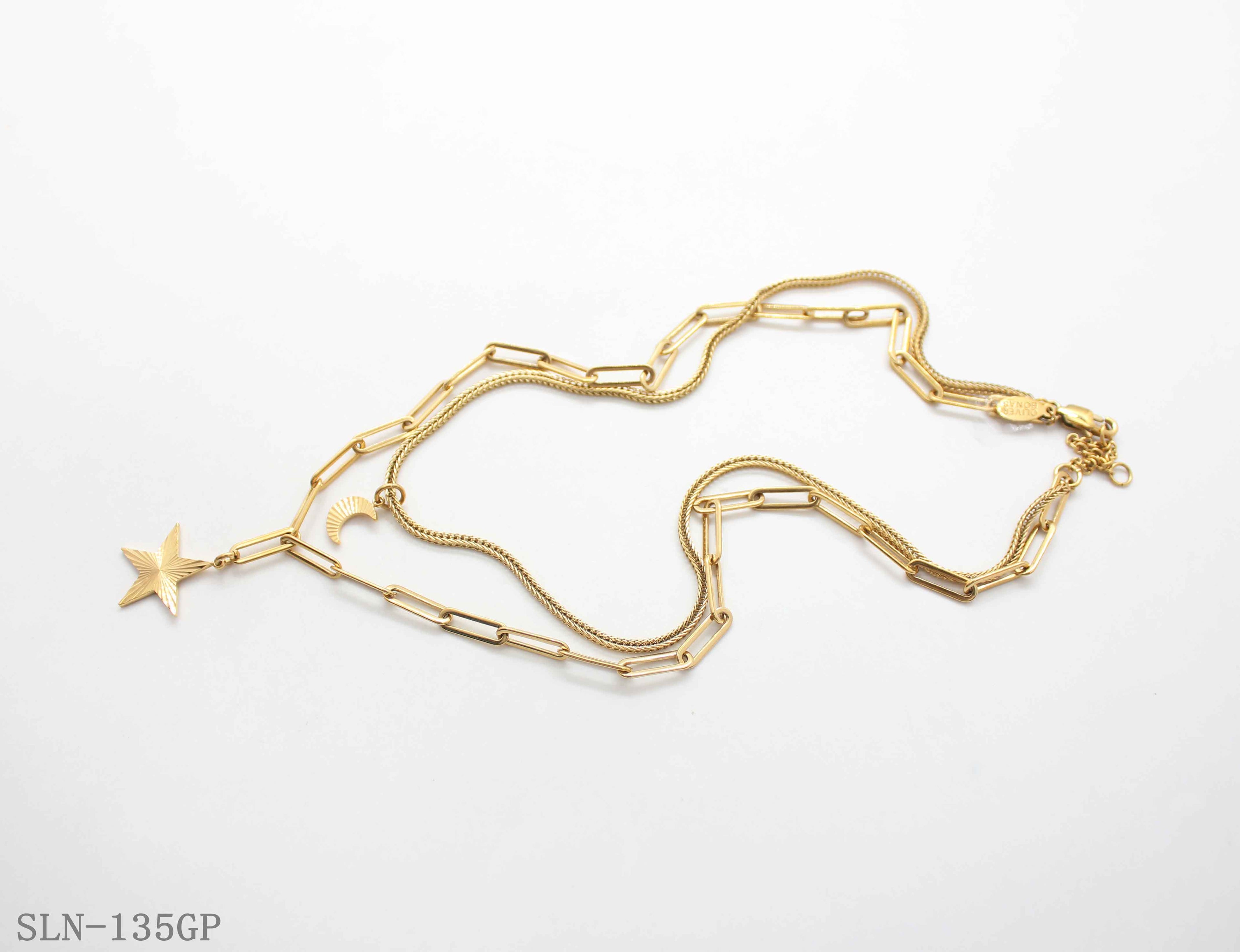 Pre‑Stacked Dual‑Layer Wheat‑Snake & Paperclip Chain Sun‑Ray Star & Crescent Moon Pendant Stainless Steel Necklace | Factory Direct Wholesale