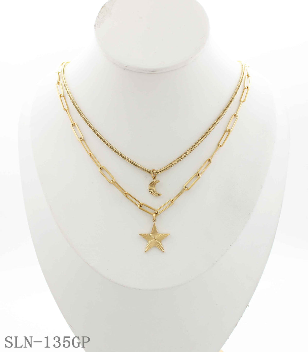 Pre‑Stacked Dual‑Layer Wheat‑Snake & Paperclip Chain Sun‑Ray Star & Crescent Moon Pendant Stainless Steel Necklace | Factory Direct Wholesale