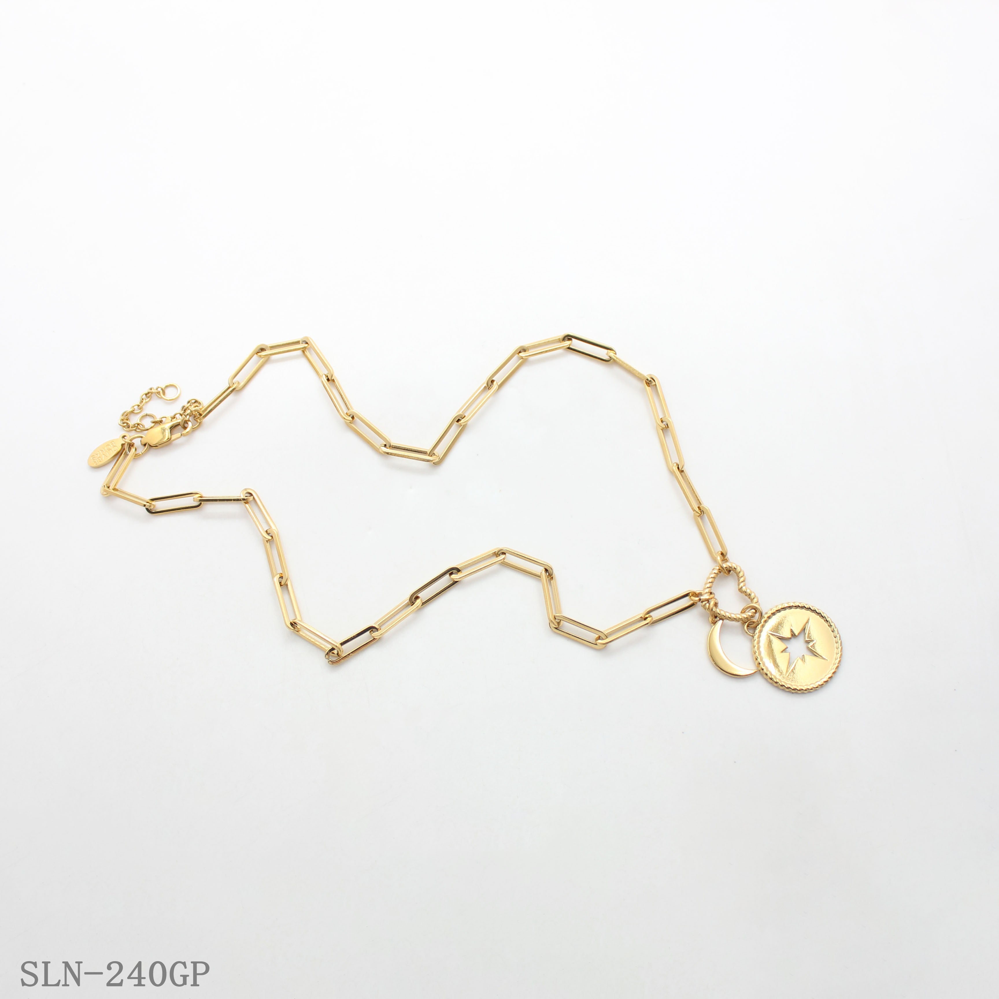 Vintage‑Chic Paperclip Chain Heart‑Link Moon North Star Medallion Adjustable Stainless Steel Necklace | Factory Direct Wholesale