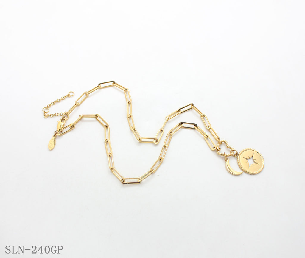 Vintage‑Chic Paperclip Chain Heart‑Link Moon North Star Medallion Adjustable Stainless Steel Necklace | Factory Direct Wholesale