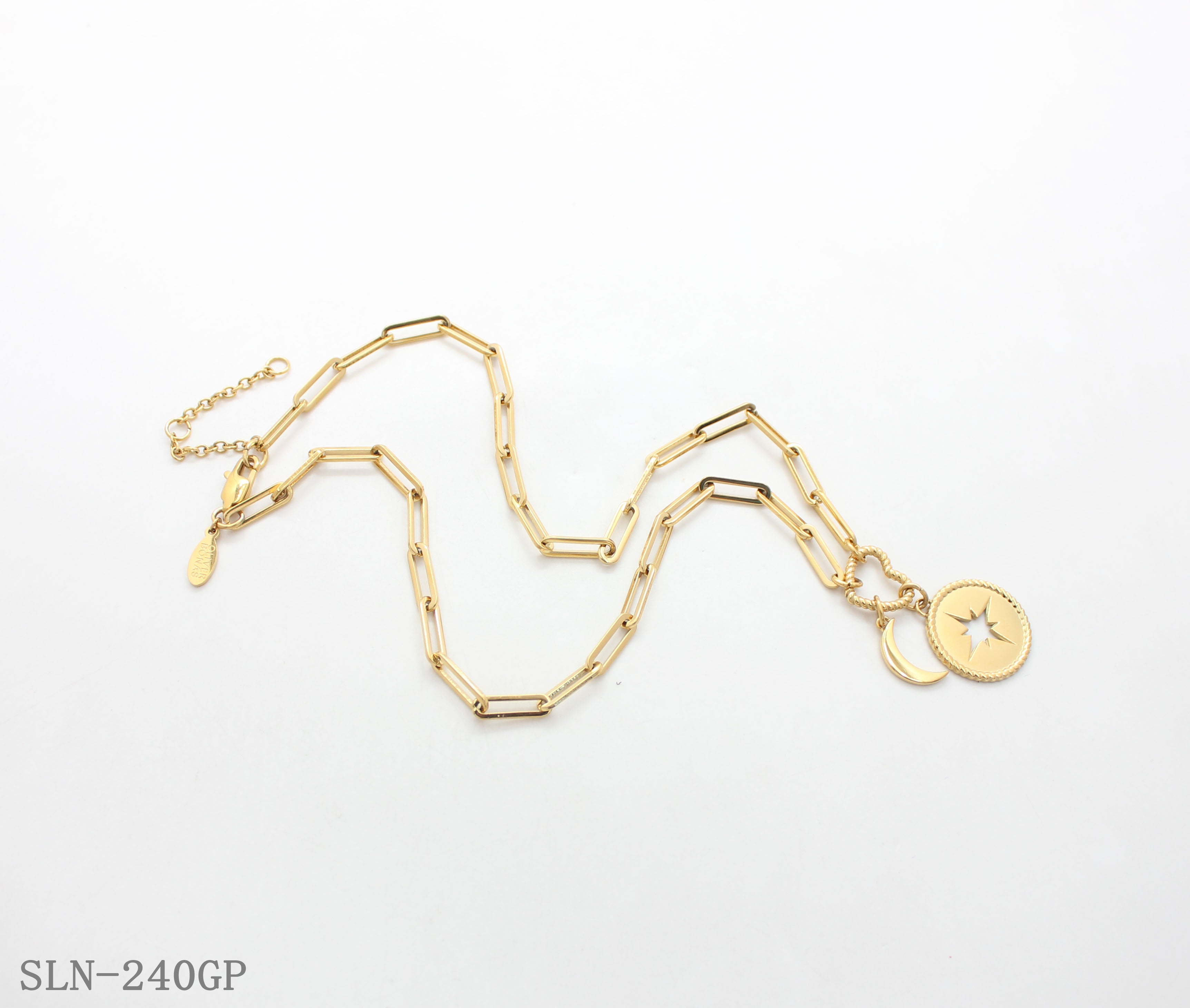 Vintage‑Chic Paperclip Chain Heart‑Link Moon North Star Medallion Adjustable Stainless Steel Necklace | Factory Direct Wholesale