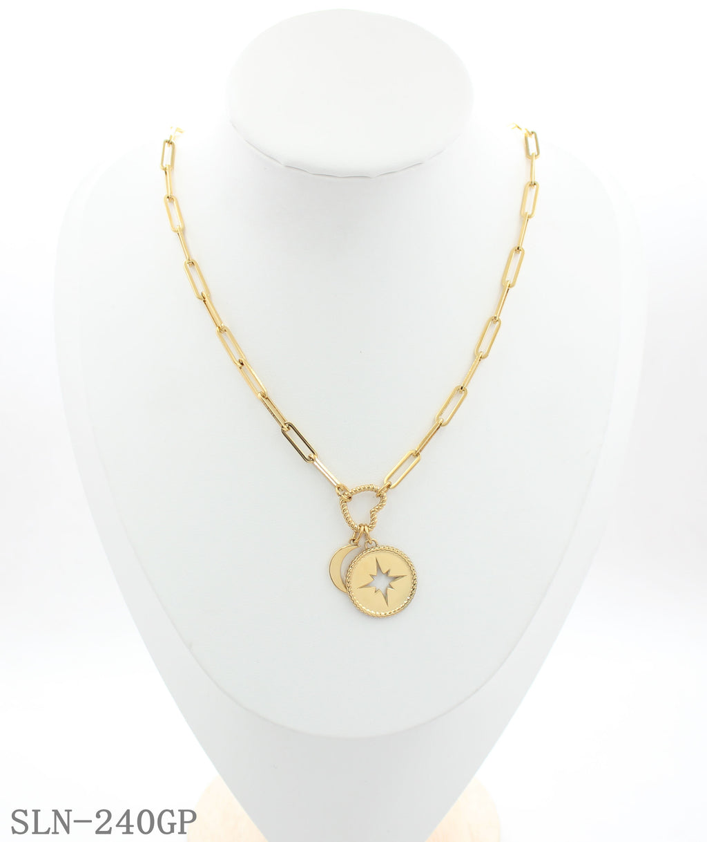 Vintage‑Chic Paperclip Chain Heart‑Link Moon North Star Medallion Adjustable Stainless Steel Necklace | Factory Direct Wholesale