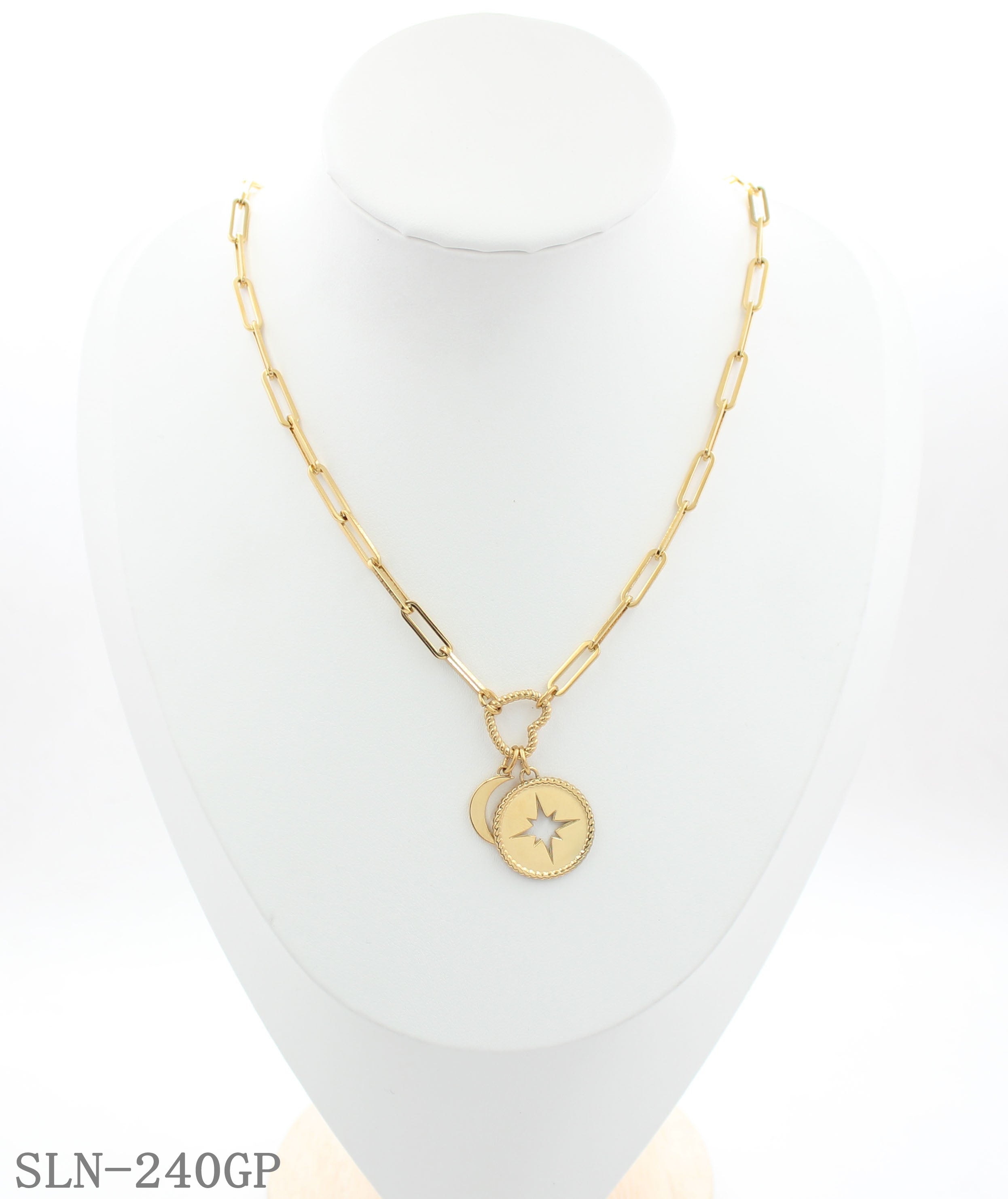 Vintage‑Chic Paperclip Chain Heart‑Link Moon North Star Medallion Adjustable Stainless Steel Necklace | Factory Direct Wholesale