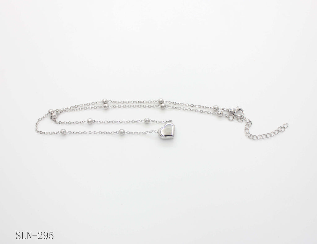 Spaced Round Bead Heart Charm Necklace | Solid Stainless Steel Vacuum Ion Silver Plated Mini Puffy Heart Women Layering Clavicle Chain Wholesale