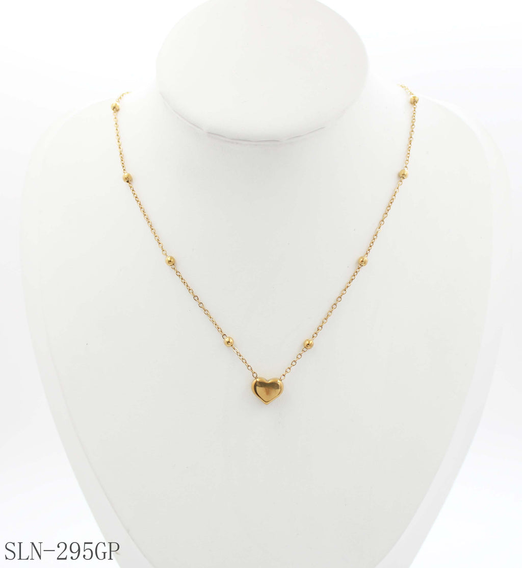 Station Round Bead Dainty Heart Charm Necklace | Solid Stainless Steel Base Vacuum Ion Gold Plated Mini Puffy Heart Women Layering Clavicle Chain Factory Wholesale