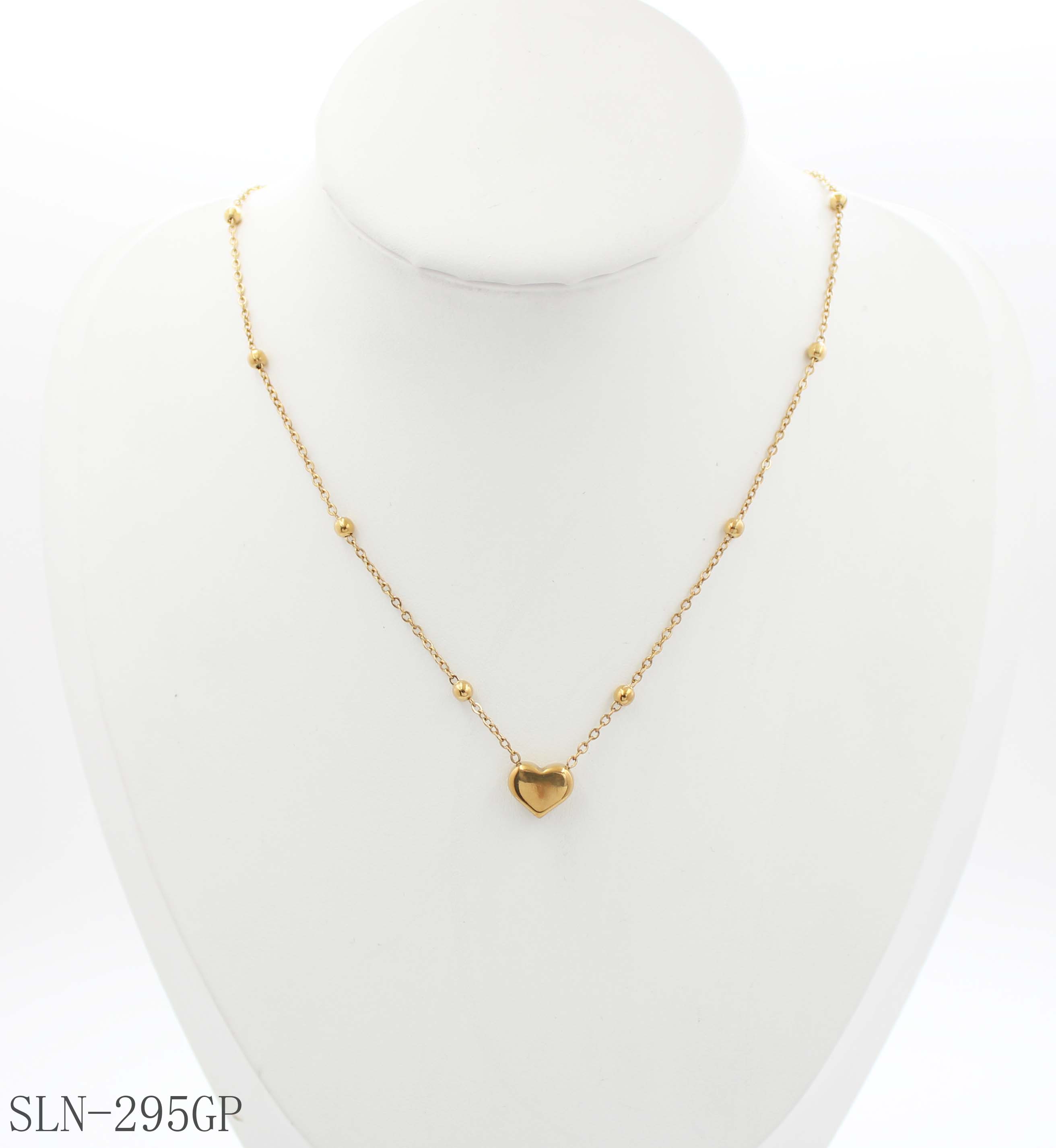 Station Round Bead Dainty Heart Charm Necklace | Solid Stainless Steel Base Vacuum Ion Gold Plated Mini Puffy Heart Women Layering Clavicle Chain Factory Wholesale
