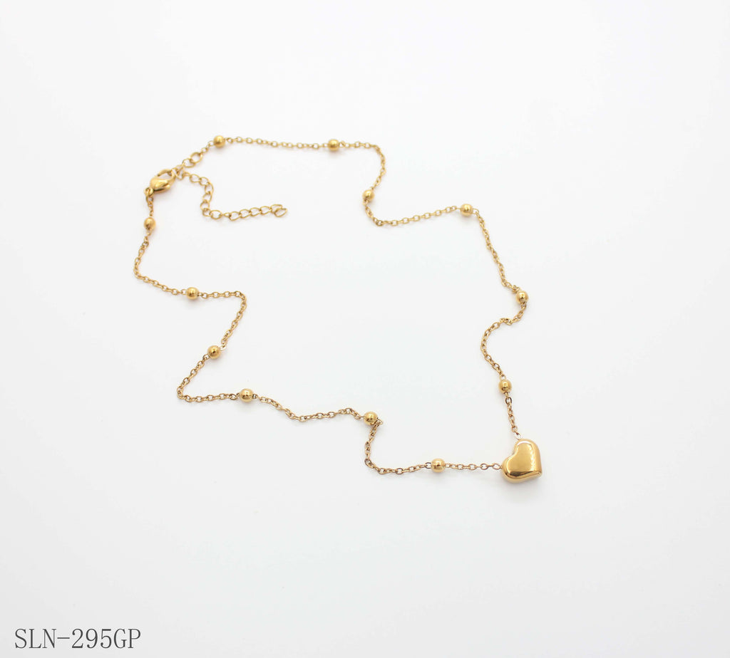 Station Round Bead Dainty Heart Charm Necklace | Solid Stainless Steel Base Vacuum Ion Gold Plated Mini Puffy Heart Women Layering Clavicle Chain Factory Wholesale
