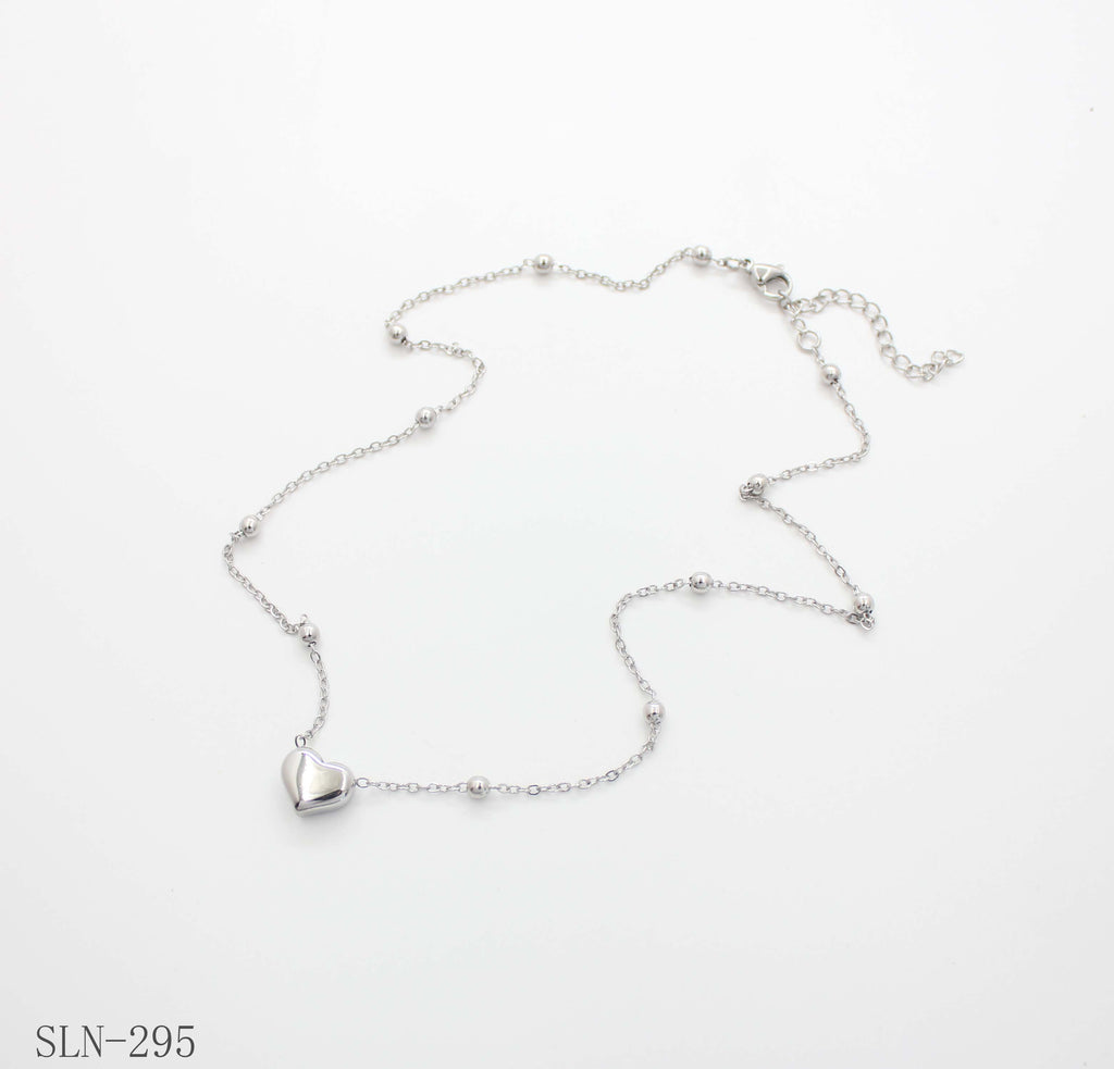 Spaced Round Bead Heart Charm Necklace | Solid Stainless Steel Vacuum Ion Silver Plated Mini Puffy Heart Women Layering Clavicle Chain Wholesale