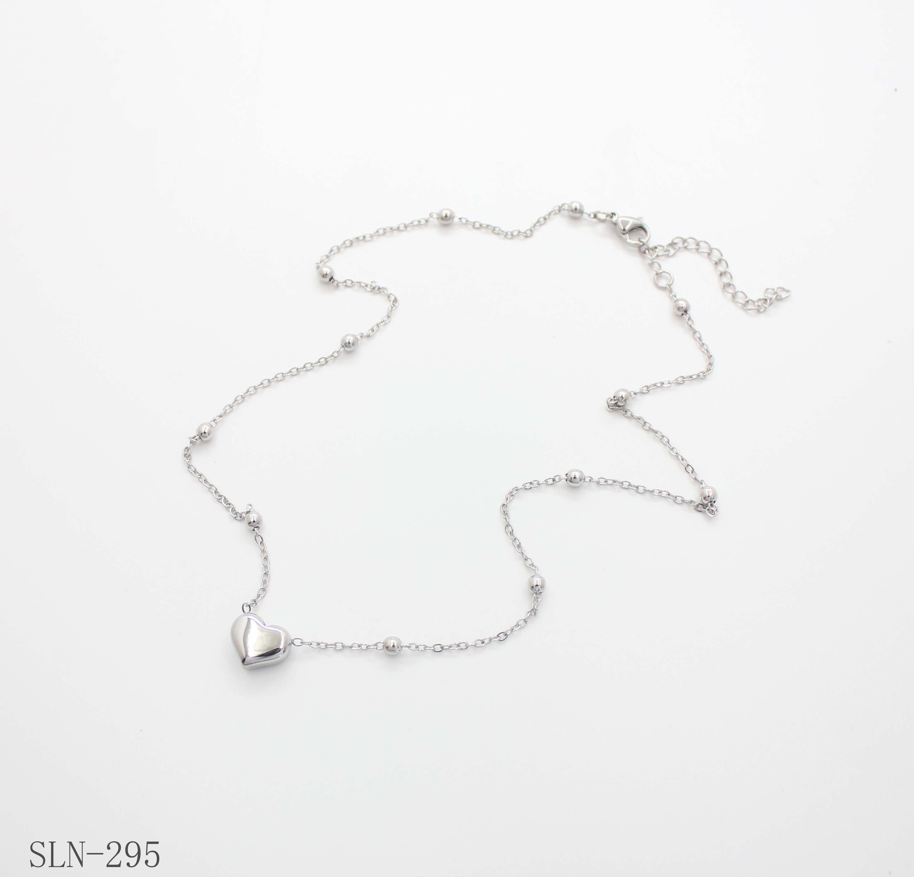 Spaced Round Bead Heart Charm Necklace | Solid Stainless Steel Vacuum Ion Silver Plated Mini Puffy Heart Women Layering Clavicle Chain Wholesale