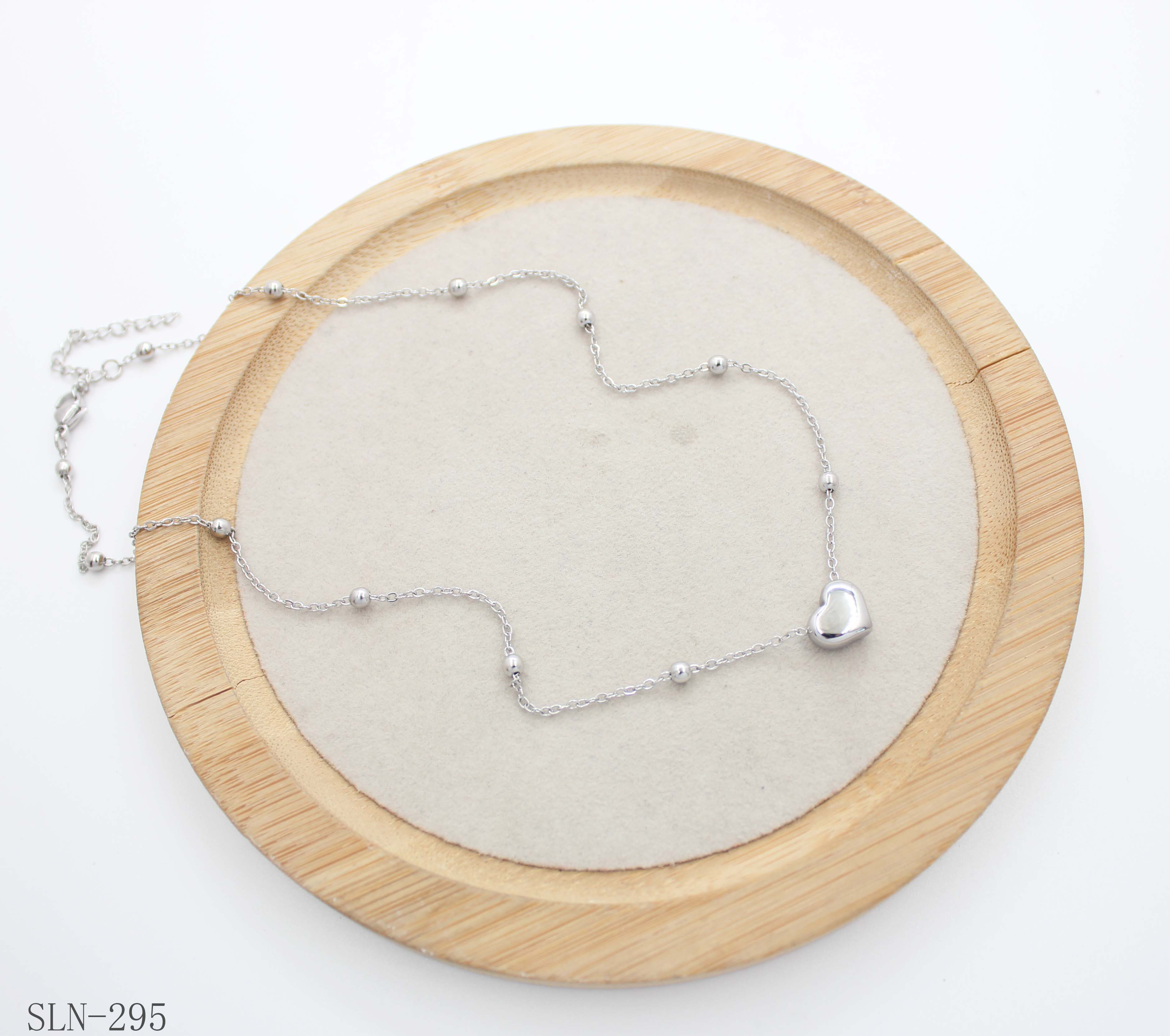 Spaced Round Bead Heart Charm Necklace | Solid Stainless Steel Vacuum Ion Silver Plated Mini Puffy Heart Women Layering Clavicle Chain Wholesale