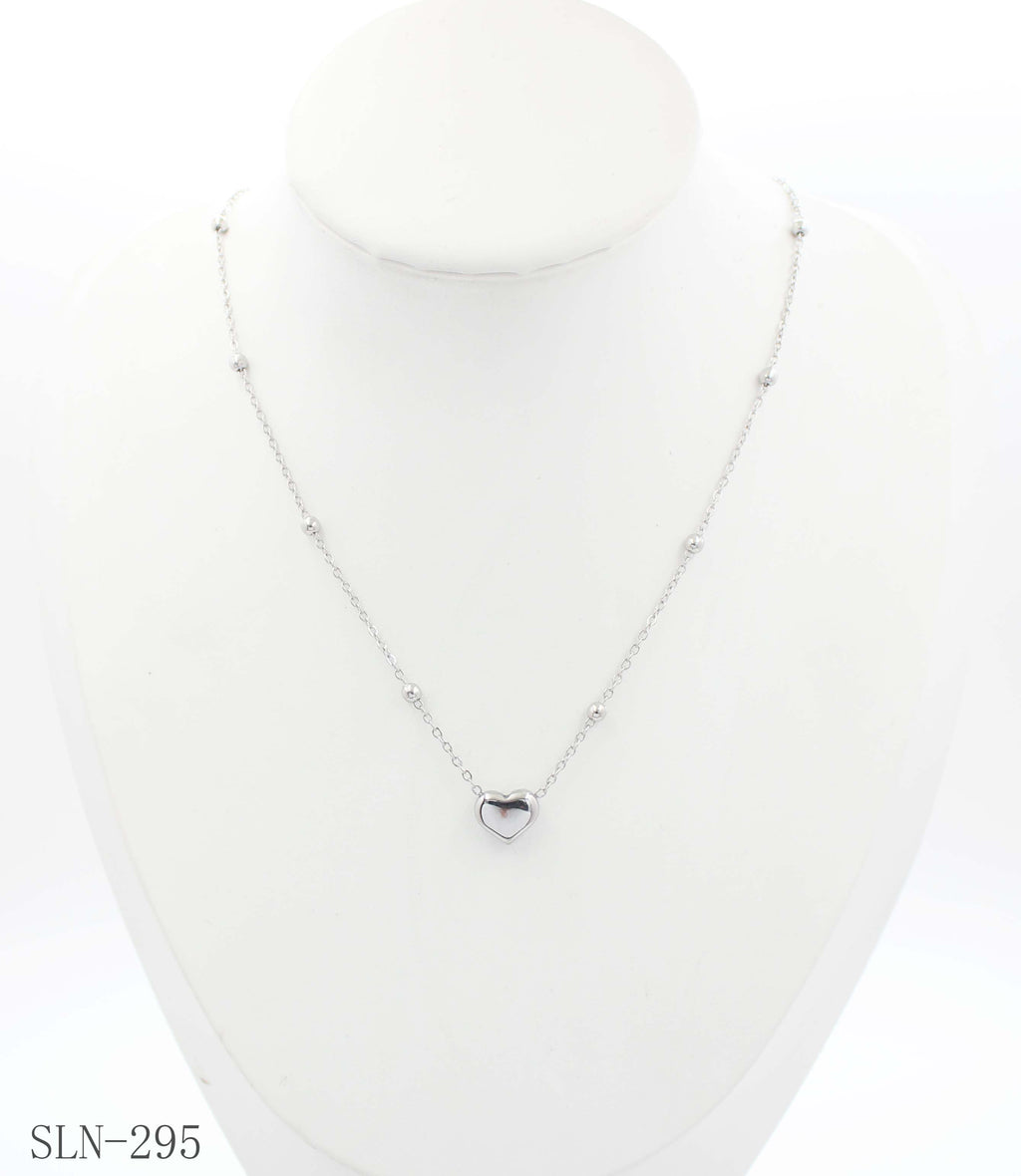 Spaced Round Bead Heart Charm Necklace | Solid Stainless Steel Vacuum Ion Silver Plated Mini Puffy Heart Women Layering Clavicle Chain Wholesale
